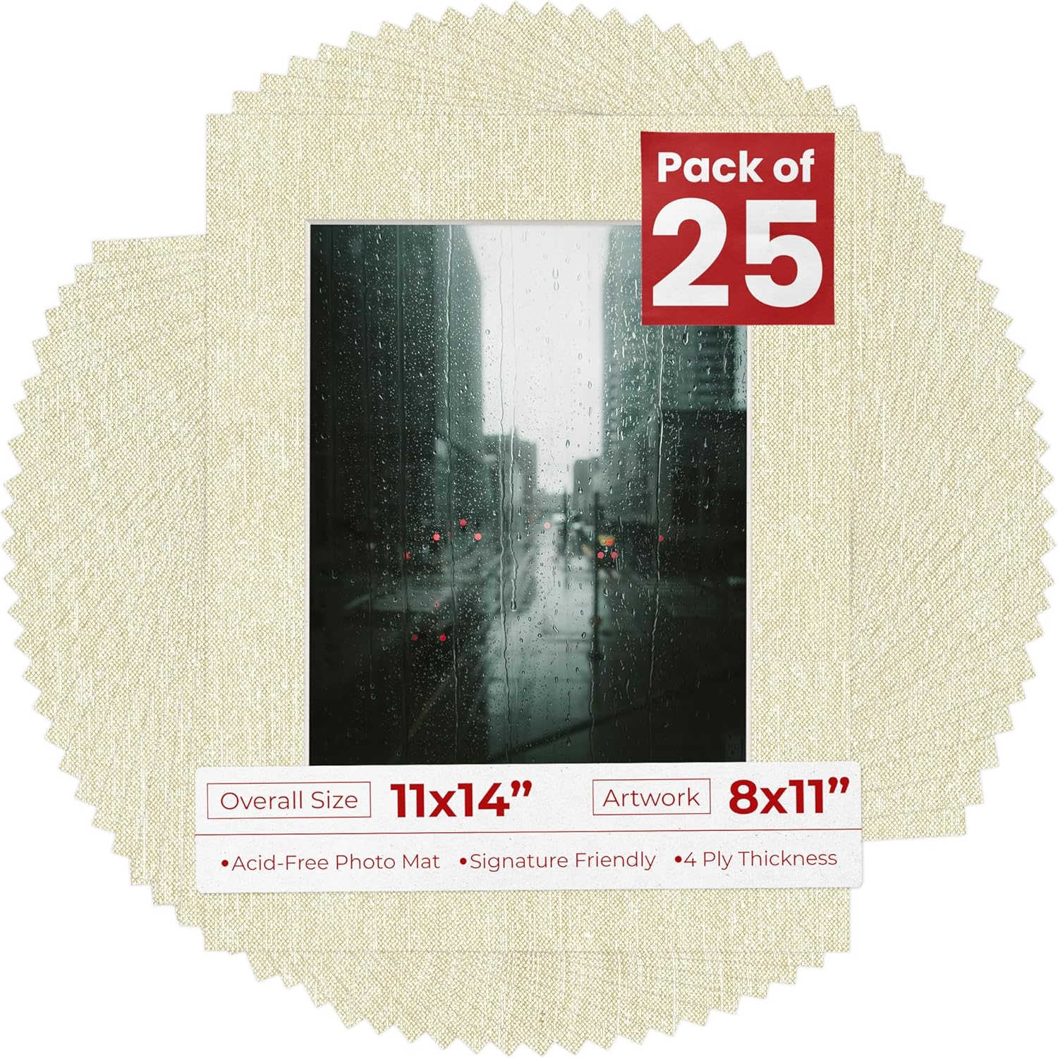 Pack of 25 Acid Free 11x14 Mats Bevel Cut for 8x11 Photos - Fresh Linen Canvas Precut Matboards With Backing Boards and Clear Photo Mat Bags For Pictures, Photos, Framing - 4-ply Thickness