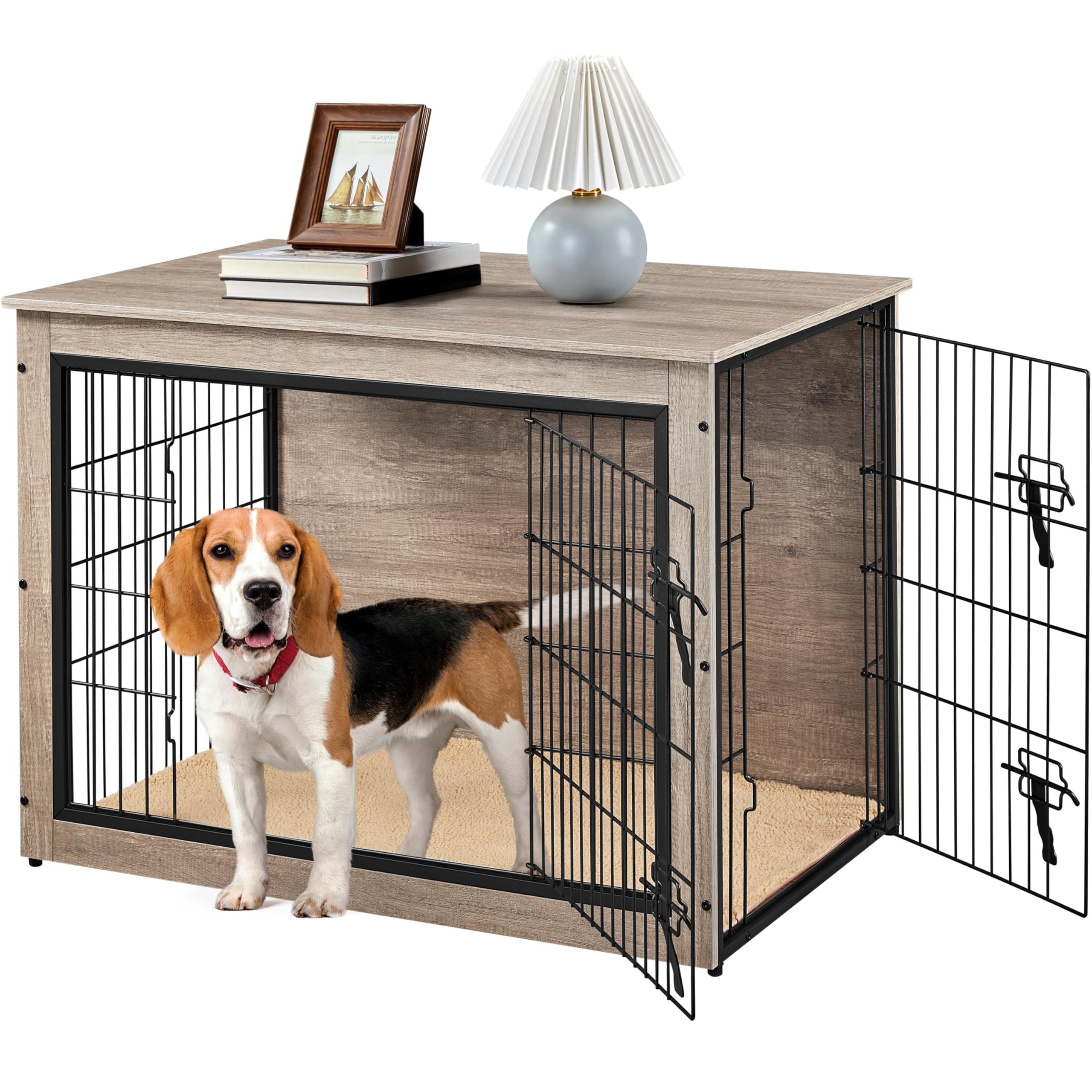 Yaheetech Hundekäfig Möbel mit Hundedecke & 2 Türen, Hundebox für Zuhause, Moderne Hundehütte Indoor, Hundebox Holz für Wohnzimmer, 96x65x68 cm, Grau