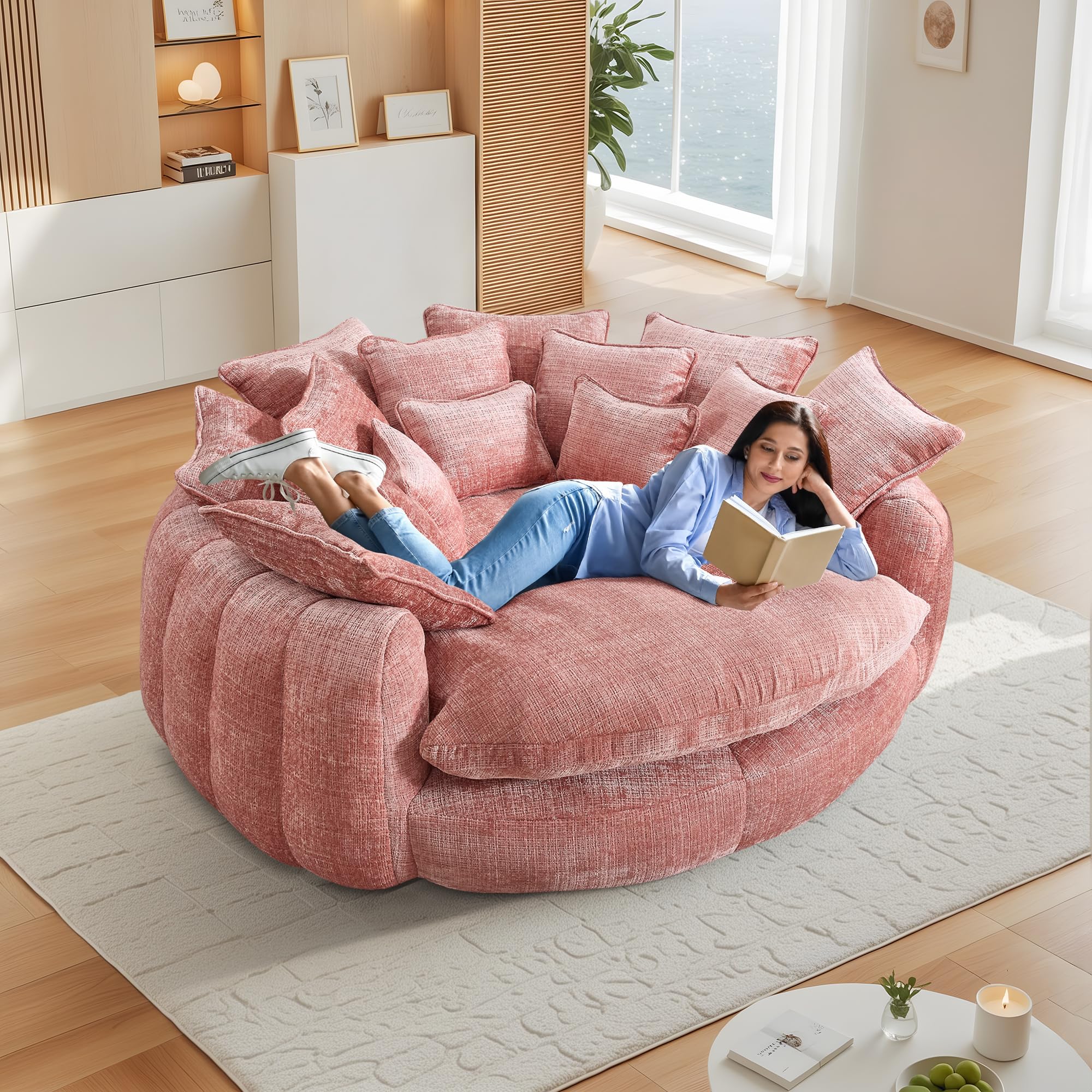 TTK 81" Oversized Round Chaise Lounge Sofa Bed Indoor - Comfy Chenille Upholstered Barrel Chair with 14 Pillows | Deep Seat Cloud Couch for Living