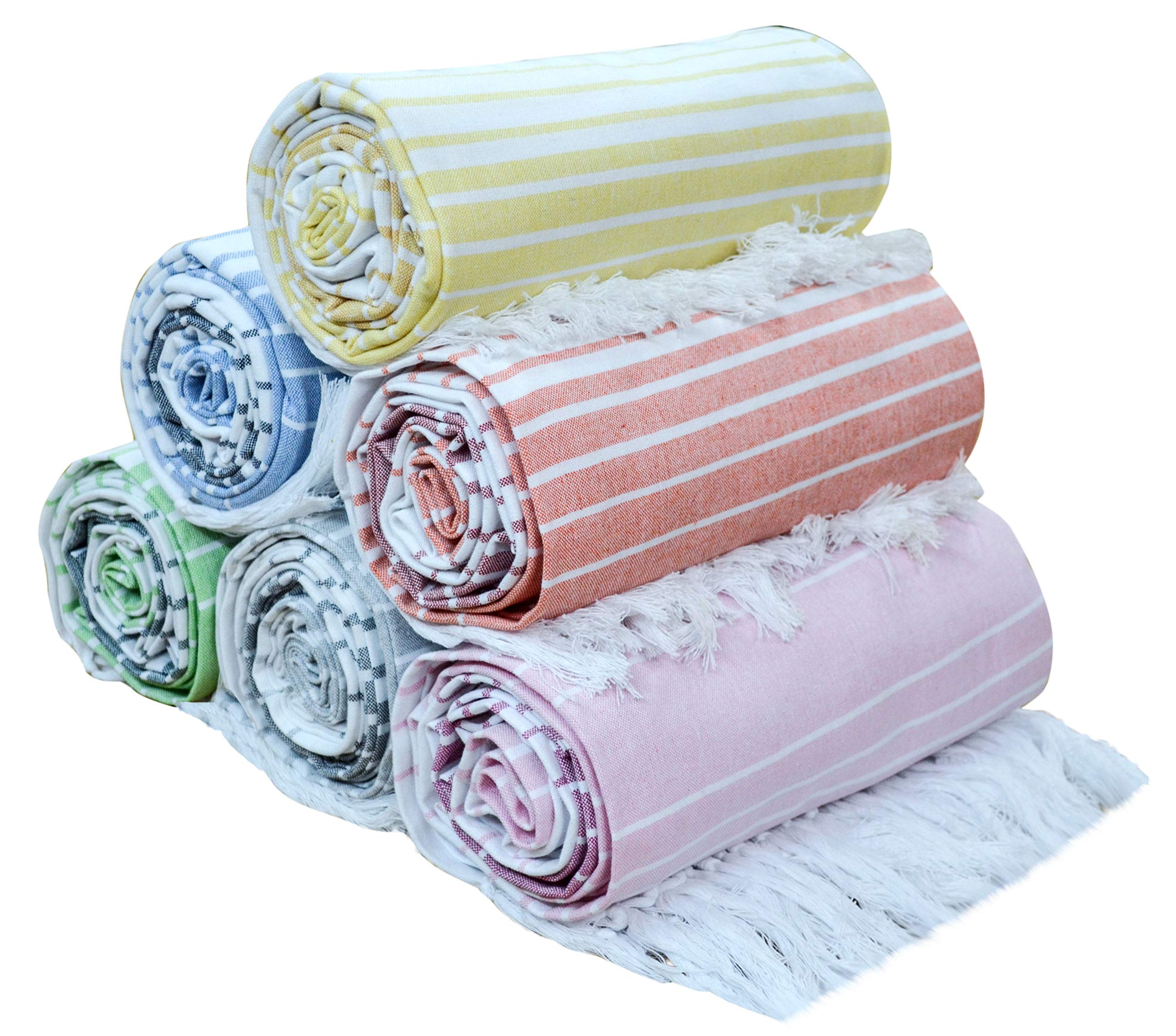 Native Fab Turkish Beach Towels - 6 Pack - Oversized 40"x71" - 100% Cotton, Lightweight, Thin, Quick Dry, Sand Free - Large Striped Towel for Adults, Travel, Bath, Swim, Camp - Multi 6 Colors