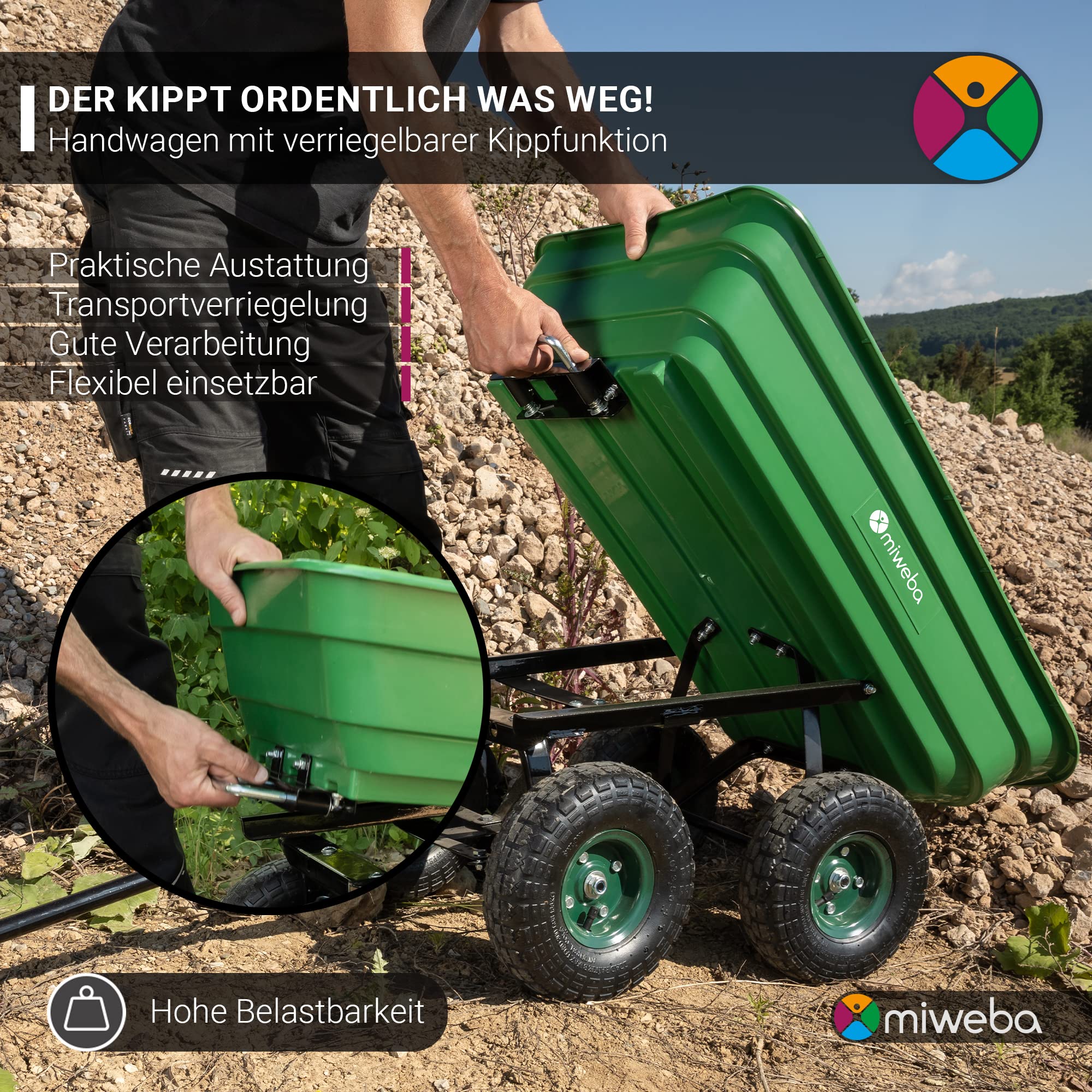 Miweba Bollerwagen Dumper | 𝟑𝟎𝟎 kg Traglast - Luftreifen - Volumen 75 L - Kippfunktion - Sackkarre - Schubkarre - Transportwagen - Kinderwagen - Handwagen - Gartenwagen - Wagen - Kippwagen (Rot)