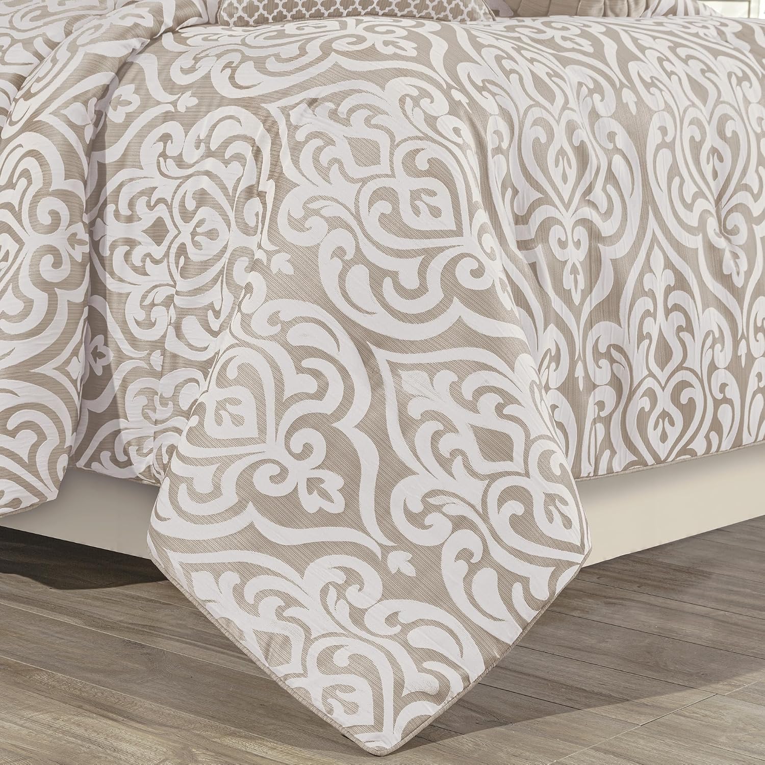 Loom and Mill 9-Piece Contemporary Jacquard Comforter Set, Luxury Damask Bedding Sets King, Ultra Soft Comforter with Euro Shams, Bedskirt, Filled Decorative Pillow for All Season(Taupe Beige,King)