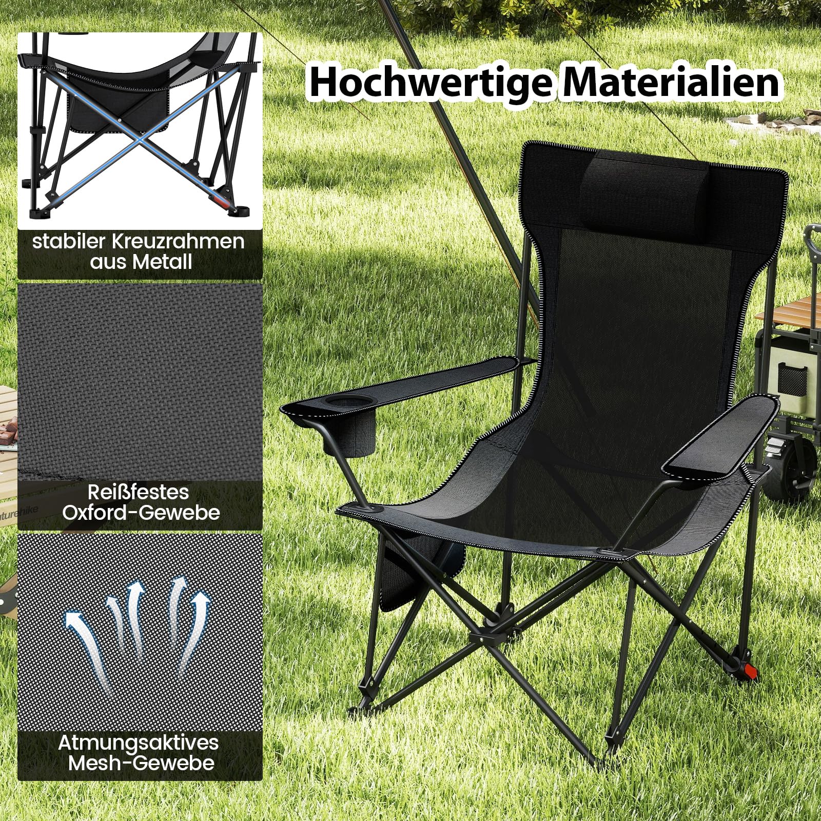 COSTWAY Campingstuhl mit Abnehmbarer Fußablage, klappbarer Angelstuhl mit Verstellbarer Rückenlehne, Kopfstütze, Getränkehalter & Seitentasche, Klappstuhl, Faltstuhl für Camping, Angeln (Grau)