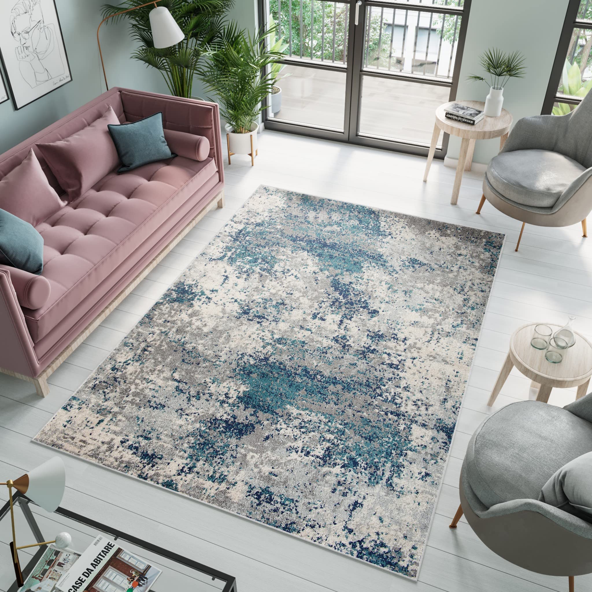 TAPISO Denver Tapis de Salon Chambre Salle à Manger Adulte Bureau Design Moderne Bleu Marine Gris Moucheté Motif Abstrait Doux Poil Court Frise Confortable 240 x 330 cm