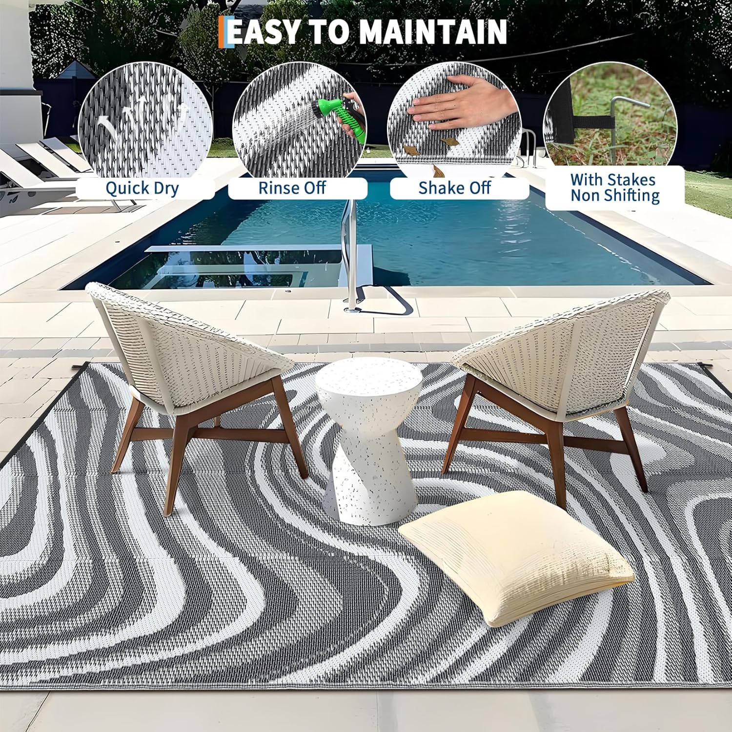 Garvee Outdoor Rug 9x12 Patio Waterproof, Abstract Outdoor Plastic Straw Rug Camping Rugs for Outside Your RV, Reversible Foldable Mats with Portable Bag for Balcony, Backyard, Picnic, Black Grey