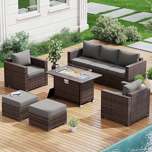 Amopatio Outdoor Patio Furniture Sets, 8 Pieces Wicker Patio Furniture, Outdoor Sectional Patio Couch Set with Ottoman, Patio Conversation Set with 44" Gas Fire Pit Table for Outside (Grey)