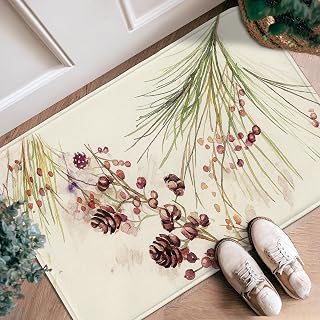 Pinecones Runner Rug, Winter Rustic Berries Pine Needles Winter Green Non-Slip Doormat Rectangle Throw Rug Non Shedding for Kitchen Bedside Entryway Hallway Decor 2x3 Ft
