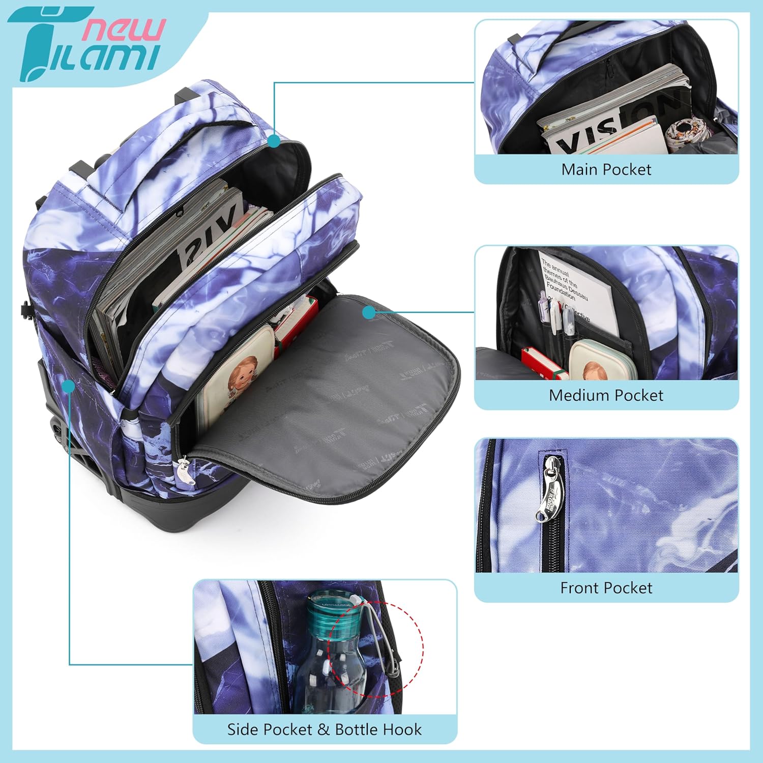 NEW TILAMI 18 Inch Rolling Backpack with Wheels for Girls Boys Kids Laptop Backpack School Travel, Purple Lightning
