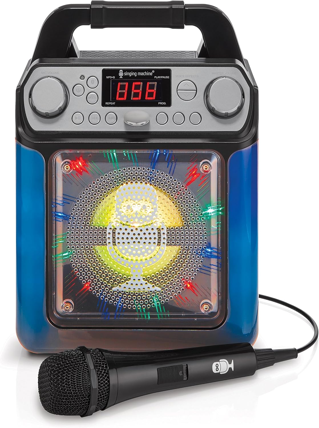 Singing Machine SML650 with blue and yellow LED lights active