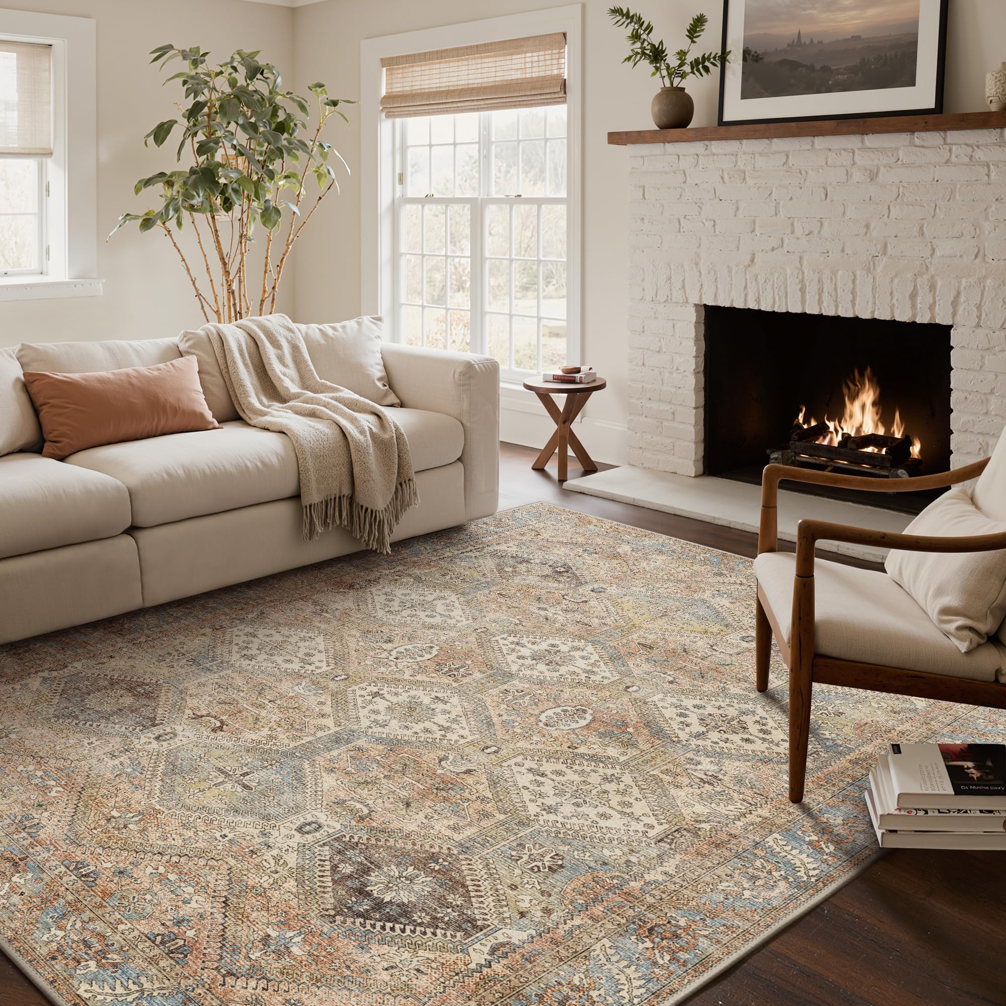 Bavni 6x9 Area Rugs for Living Room, Machine Washable Rug Non Slip, Vintage Chenille Distressed Print Carpet, Large Low Pile Ultra-Thin Lightweight