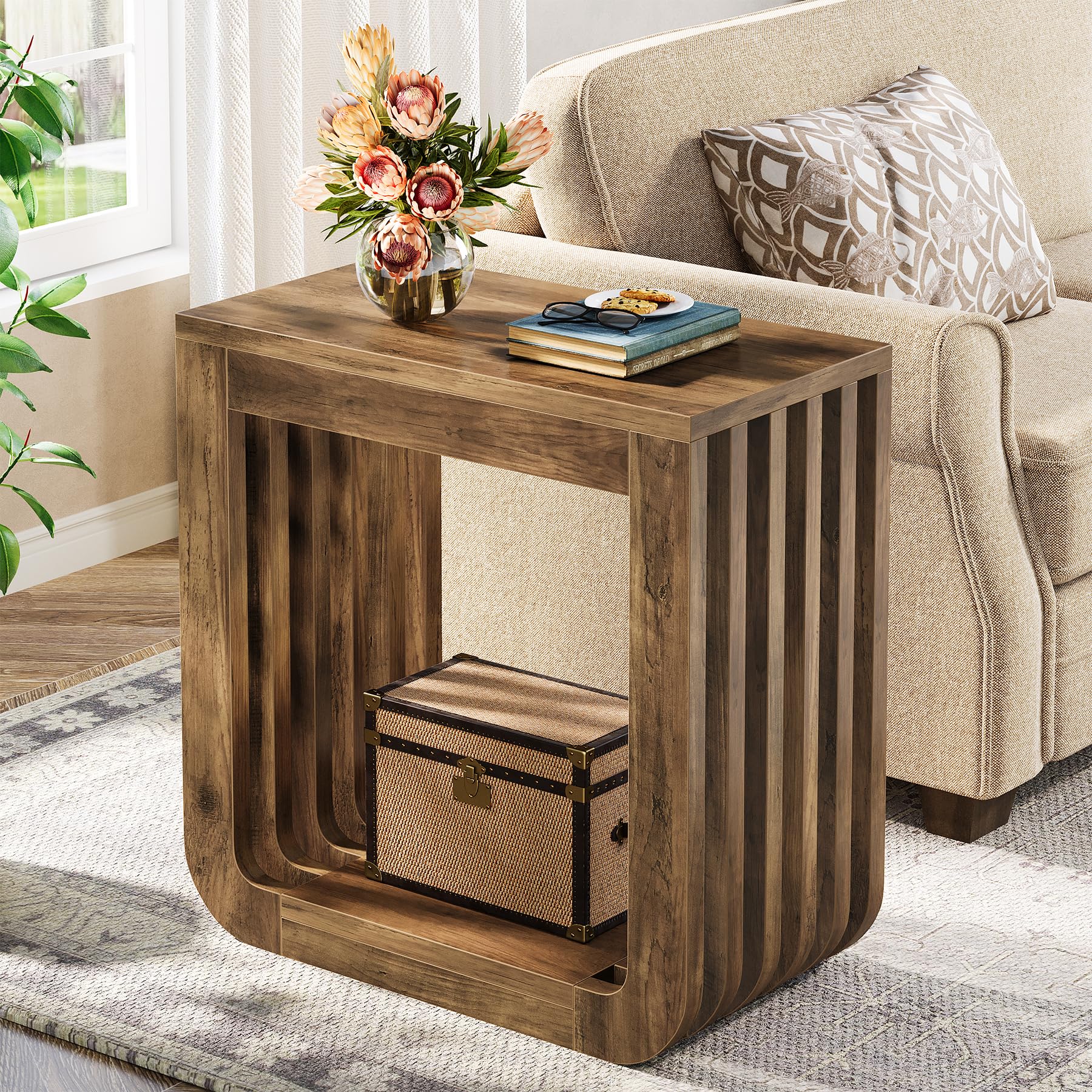 Tribesigns Side Table, Farmhouse Narrow End Table with Slatted Open Frame, Wooden Rustic Accent Sofa Side Table, Small Nightstand for Living Room Bedroom Small Spaces, Brown