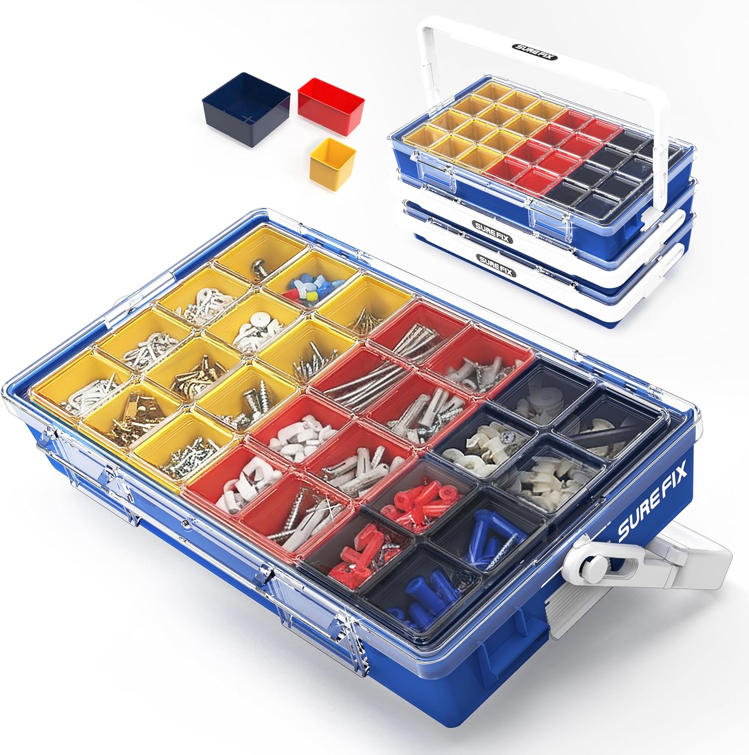 TidyMate Modular Organizer Box, Heavy-Duty Stackable Tool Storage Case with Removable Compartments, Clear Lid, Portable Hardware Organizer for Screws, Nuts, Bolts, and Accessories (Yellow/Red/Navy)