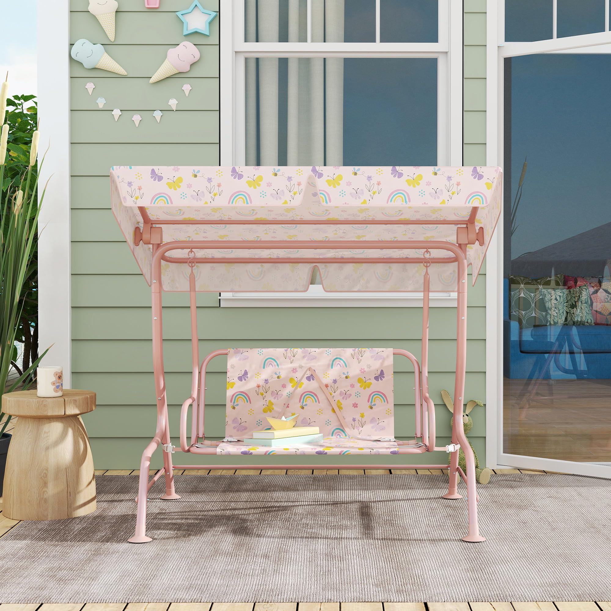 AIYAPLAY Dondolo per Bambini da Esterno a 2 Posti con Tettuccio Regolabile e Cinture di Sicurezza, Altalena Dondolo da Giardino e Interno in Acciaio e Oxford, Max 60 kg, 112x75x120 cm, Rosa