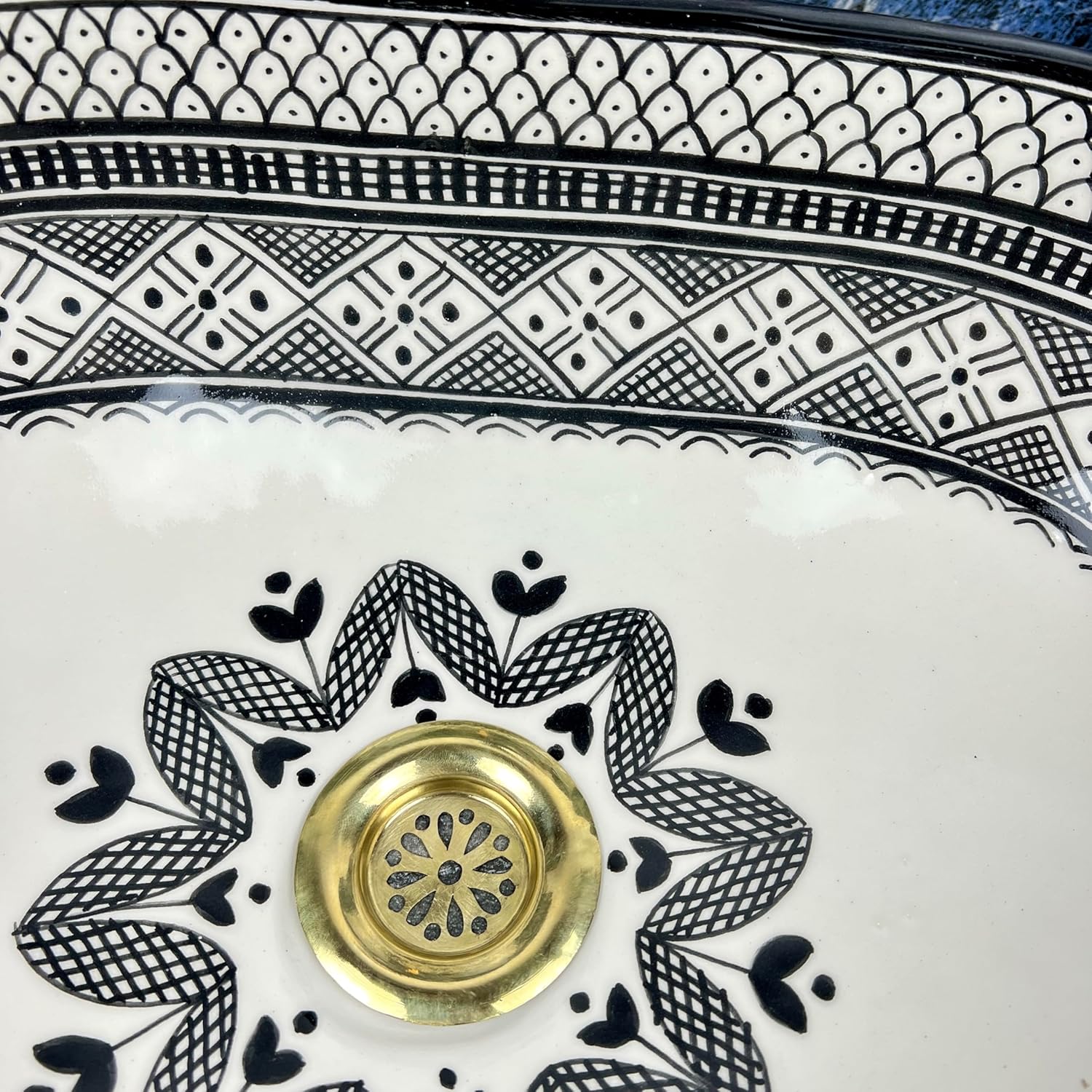 Handmade Moroccan Ceramic Vessel Sink - Black & White Geometric Oval Countertop Basin - Hand-Painted Lattice Trellis Design for Bathroom Vanity (38x29cm = 15x11.5in)