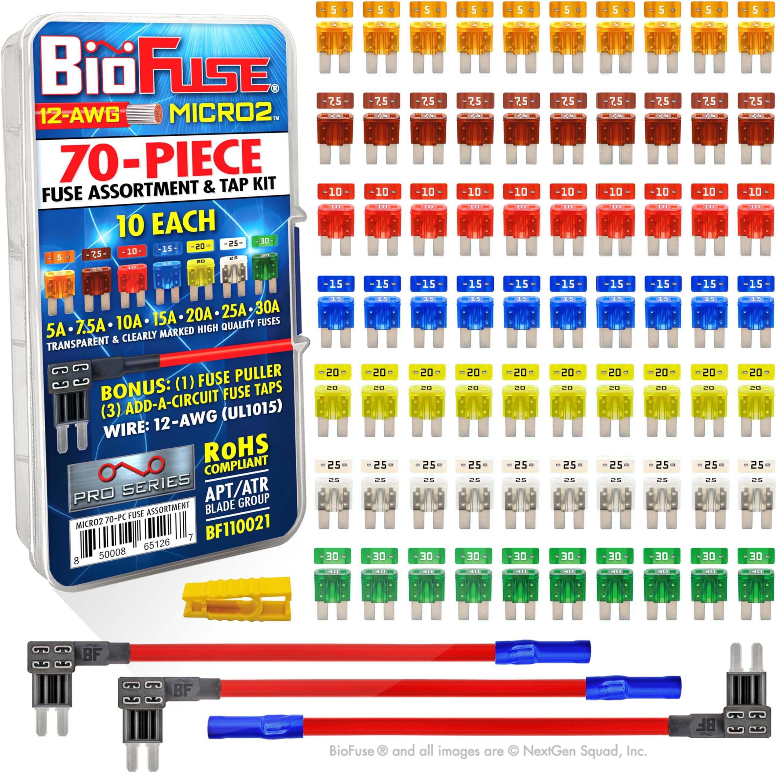 12 AWG Micro2 APT ATR 70 Piece Automotive Car Fuse Assortment and Holders Pack (3 Add-a-Circuit Tap Adapters, 70 Micro 2 Blade Fuses + Fuse Puller) 5A 7.5A 10A 15A 20A 25A 30A