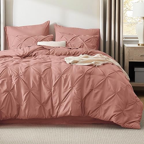 Bedsure California King Comforter Set Dusty Pink - Bed in a Bag California King 7 Pieces, GentleSoft™ Pintuck Bed Set Gift for Family, Pinch Pleat Dusty Pink Comforter with Sheets, Pillowcases & Shams