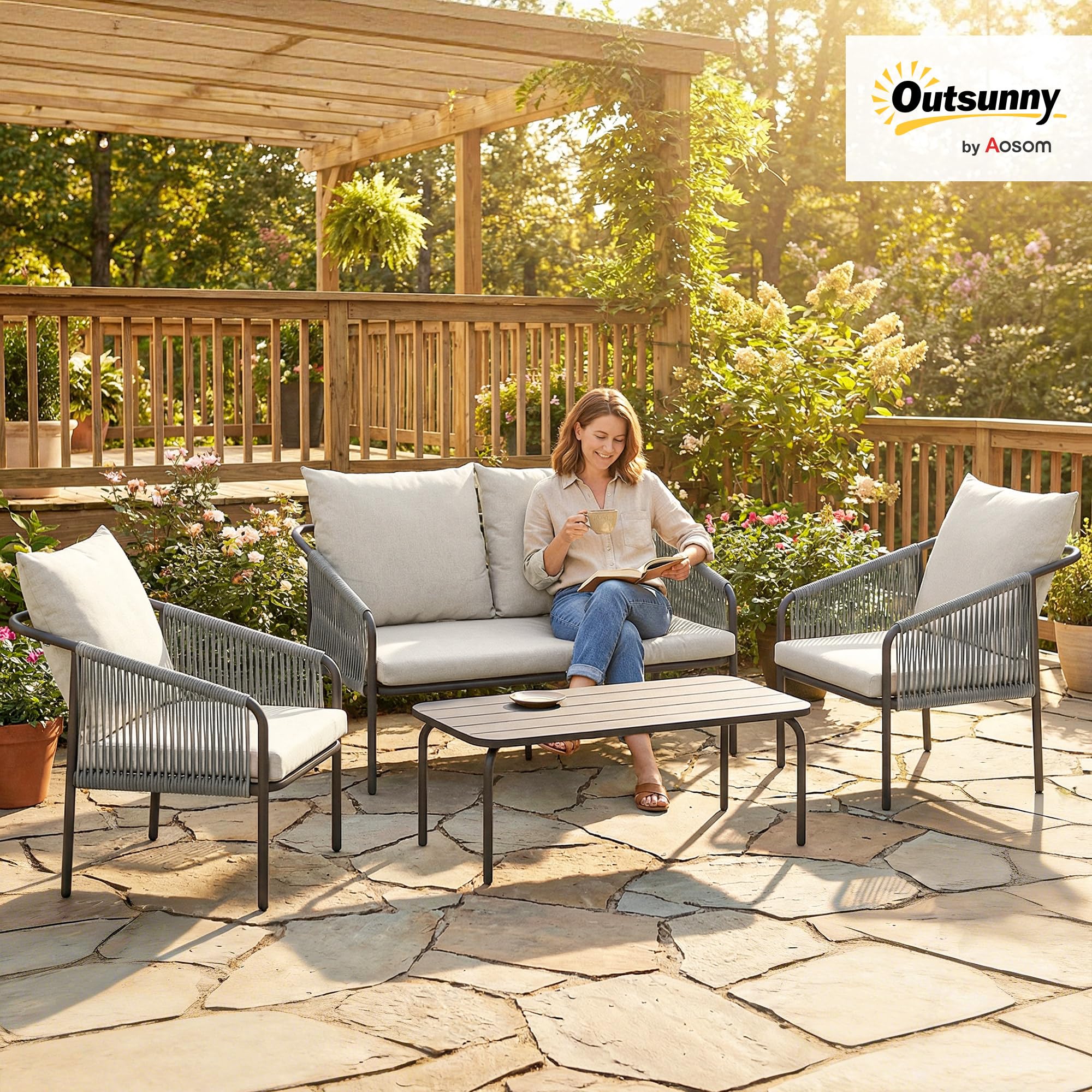 Outsunny Set Salotto da Giardino 4 Pezzi in Rattan, Set di Mobili da Giardino con Divano 2 Posti, 2 Sedie, Tavolino da Caffè Piano Metallo, Cuscini, Struttura in Acciaio, Cachi Grigio Chiaro
