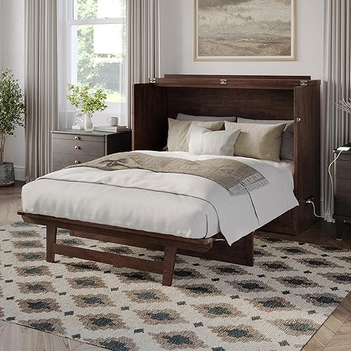 AFI, Northfield Murphy Bed Chest Full with 6" Mattress, Storage Drawer & Built-in USB Charger, Burnt Amber