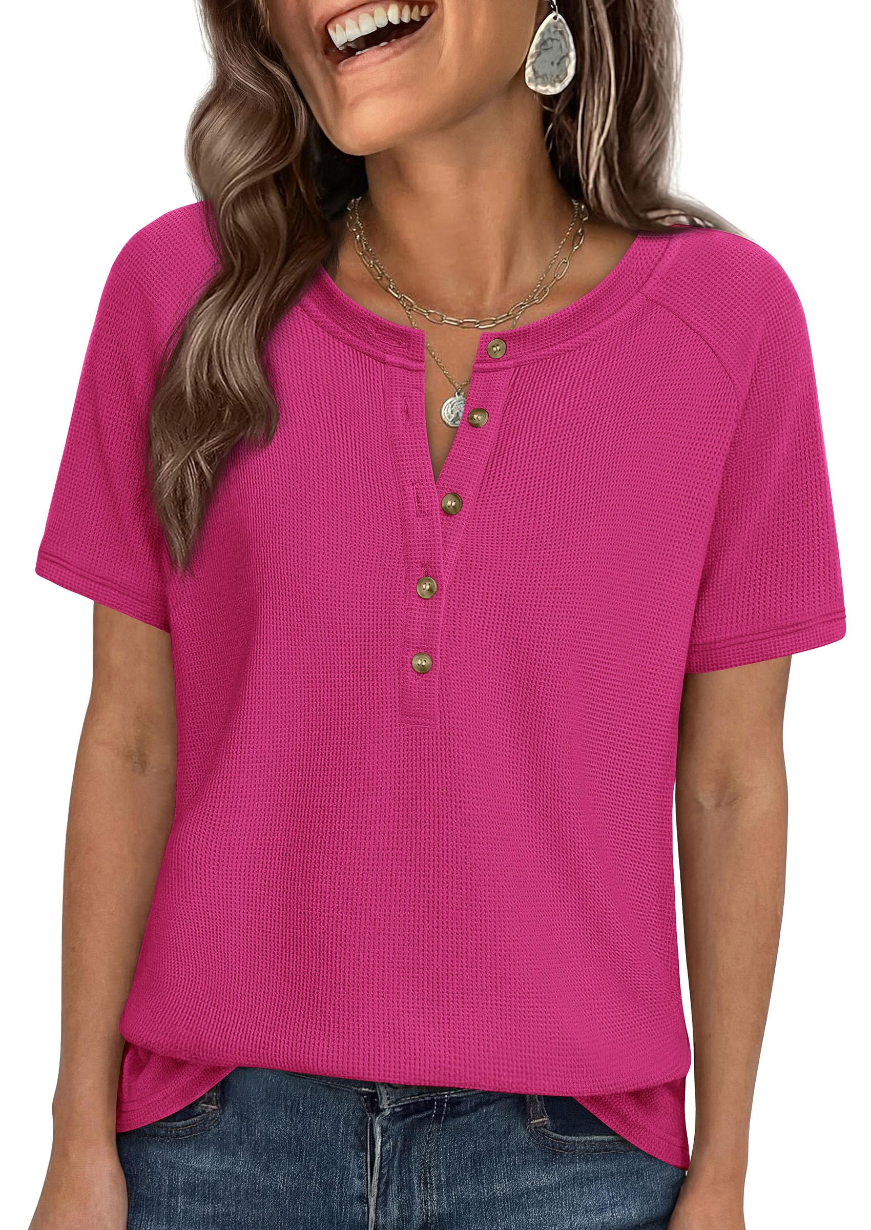 PRETTYGARDEN Waffle Knit Tops for Women Short Sleeve Henley Shirts 2026 Summer Blouses Dressy Casual Spring Fashion Clothes — view 13