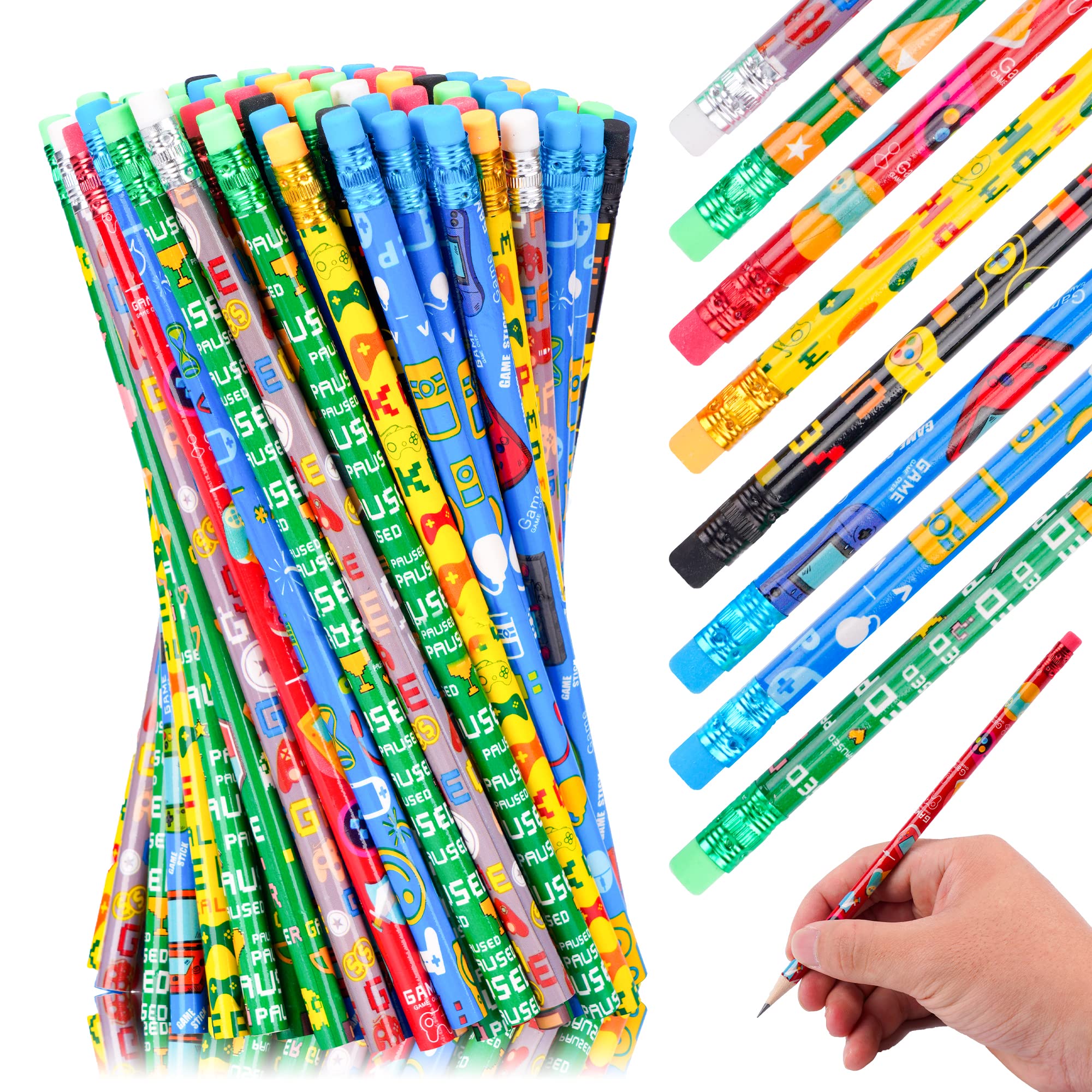 Kolewo4ever 100 Pieces Video Game Themed Pencils Assortment Cylinder Wood Pencils with Various Game Pattern Icons for Party Favors Birthday Party