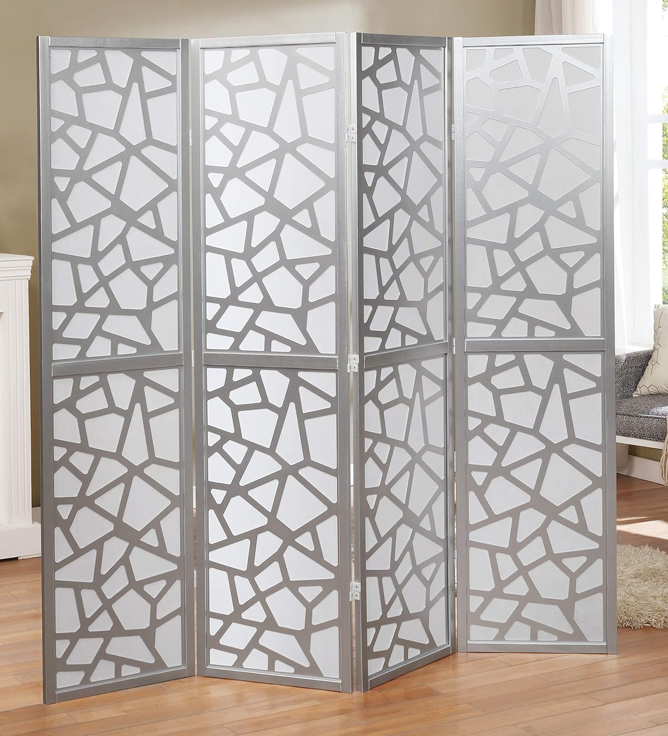 roundhill furniture giyano 4 panel screen room divider, sliver silver