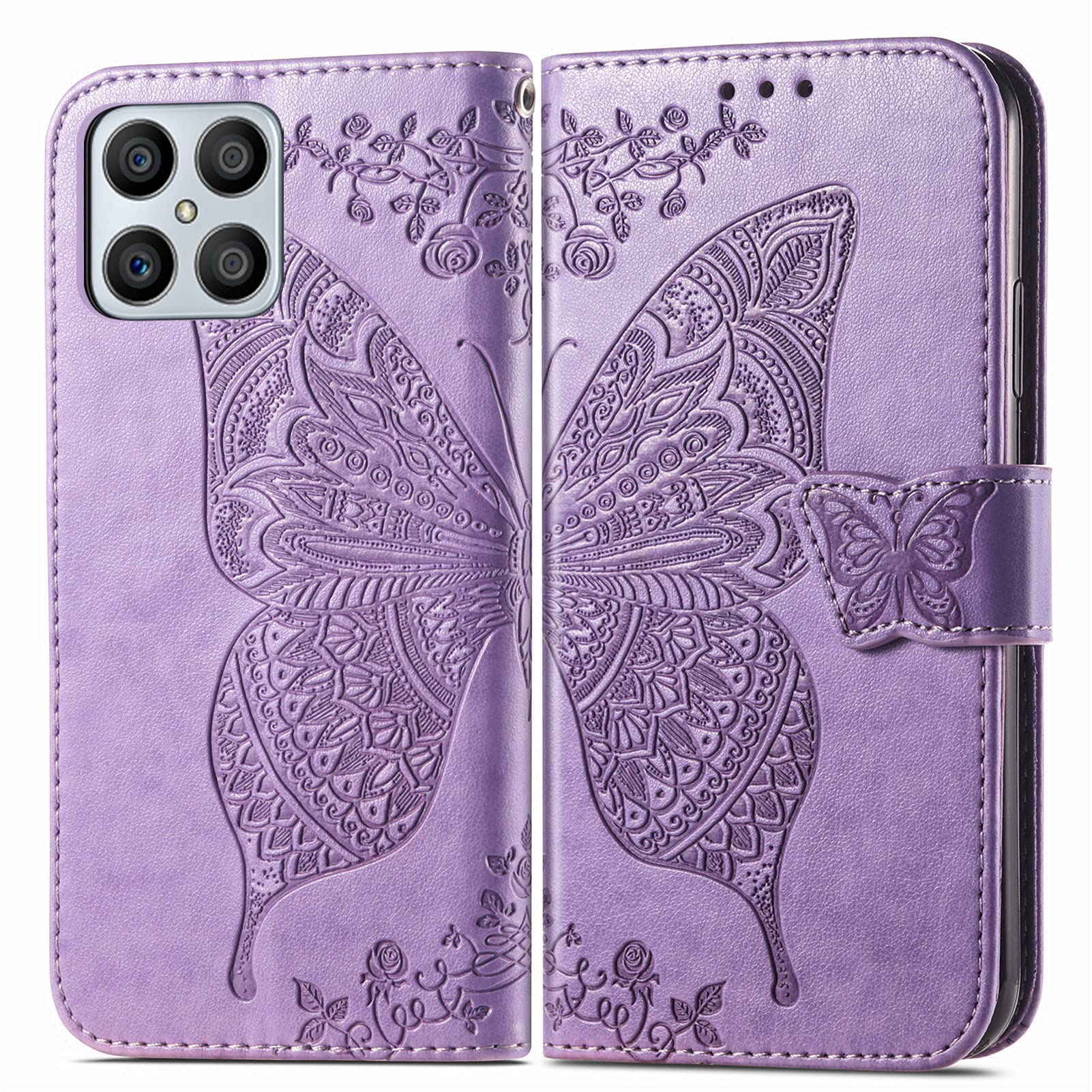 JIUNINE Cover per Honor X8, Custodia Libro in Pelle Portafoglio Case Flip Antiurto con Disegni di Farfalla [Porta Carte] [Magnetica] [Interno TPU] per Honor X8, Viola