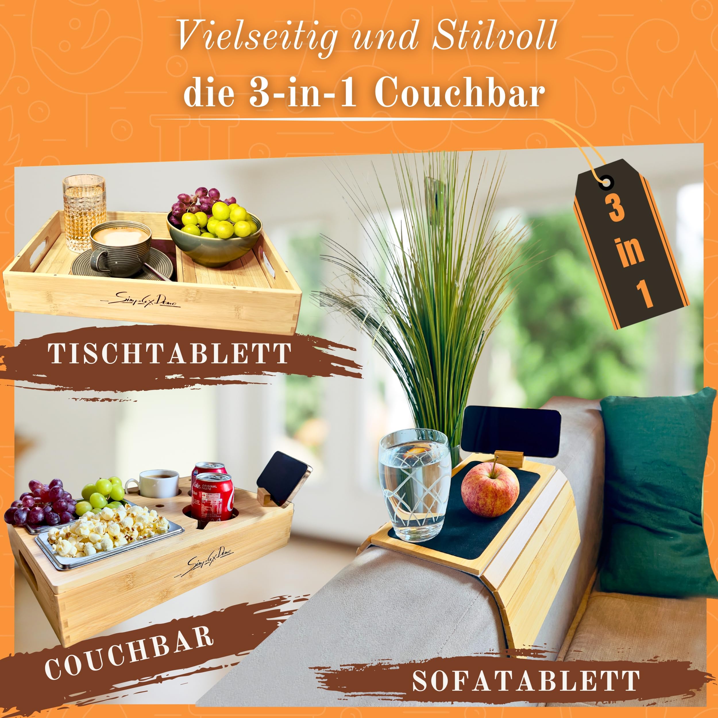 Couchbar Snackbox mit anpassbarer Couch Ablage für 2 Personen - Sofa Snackbar Organizer aus Bambus - Couchtablett mit Getränkehalter & Edelstahl Snackschalen - Sofatablett für Snacks & Getränke