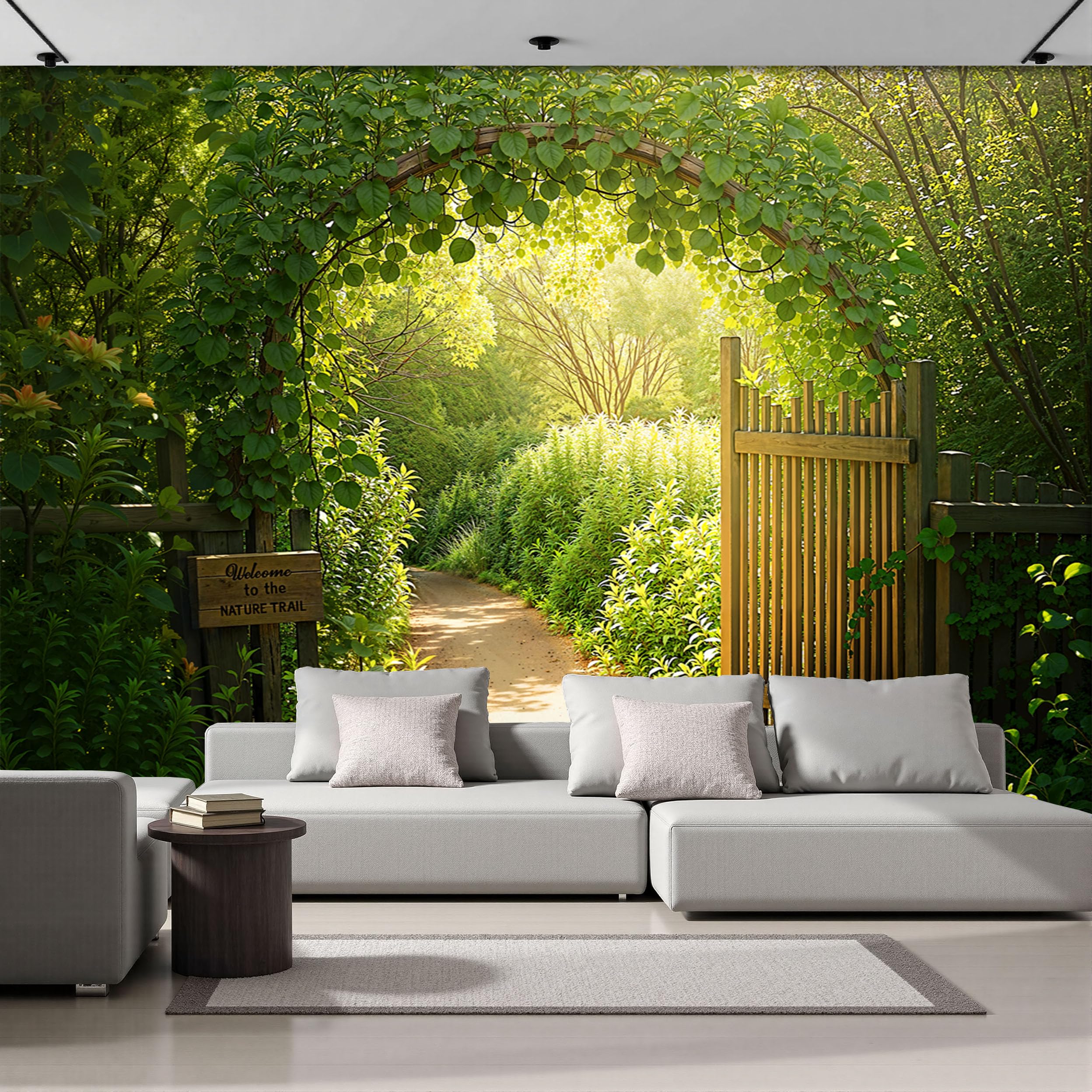 Carta Da Parati Effetto 3D Paesaggi rurali che infondono benessere 400x280cm Fotomurali seta, Porta in legno per giardino fresco Decorazione Poster Arte Murale Moderna per Casa Ufficio