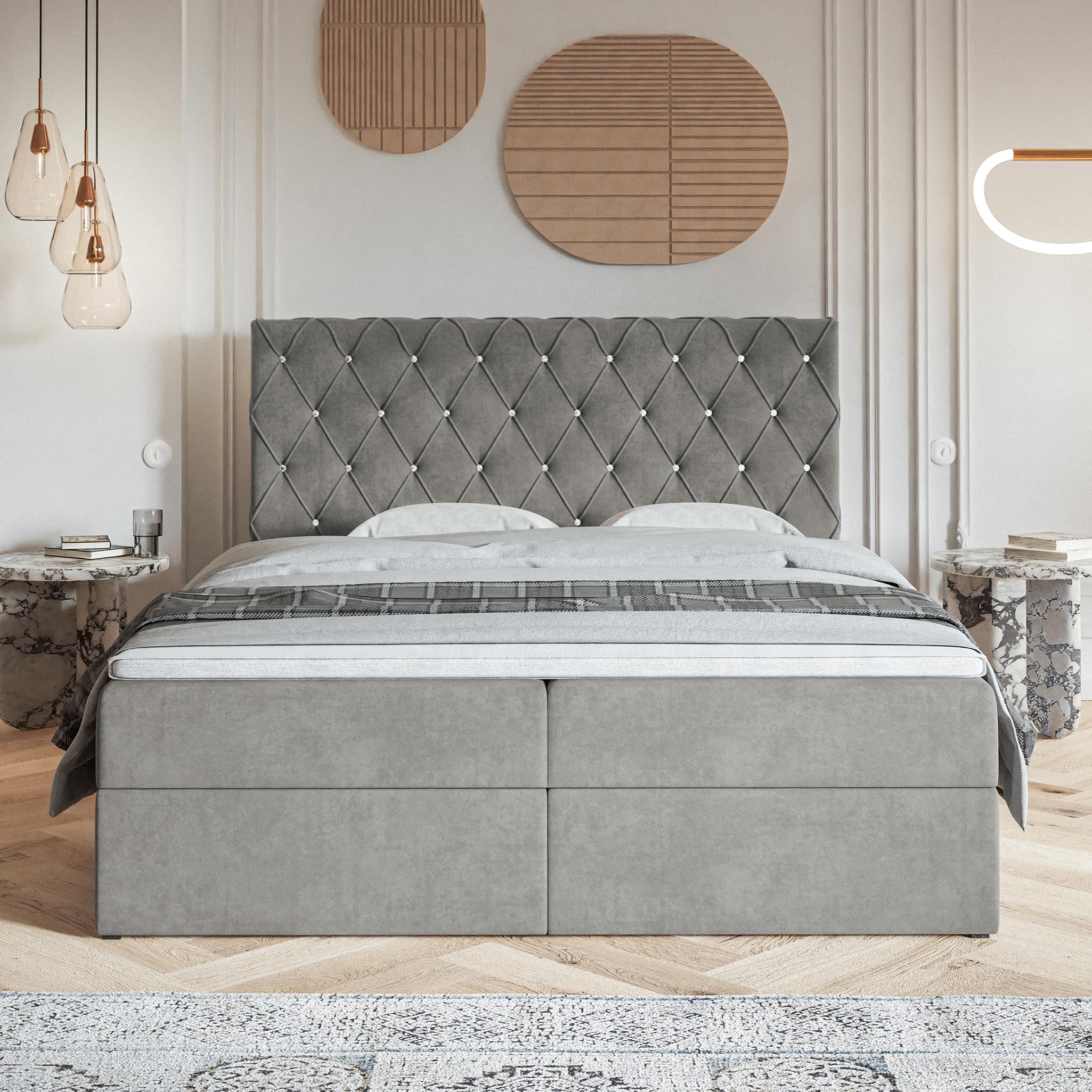 MOTIVENA Malta Boxspringbett 180x200 mit Bettkasten und Topper, Polsterbett 180x200 mit Bettkasten, Taschenfederkern-Matratze (H3), Visco Topper (H2), mit Strass, Samt, Grau (Hellgrau)