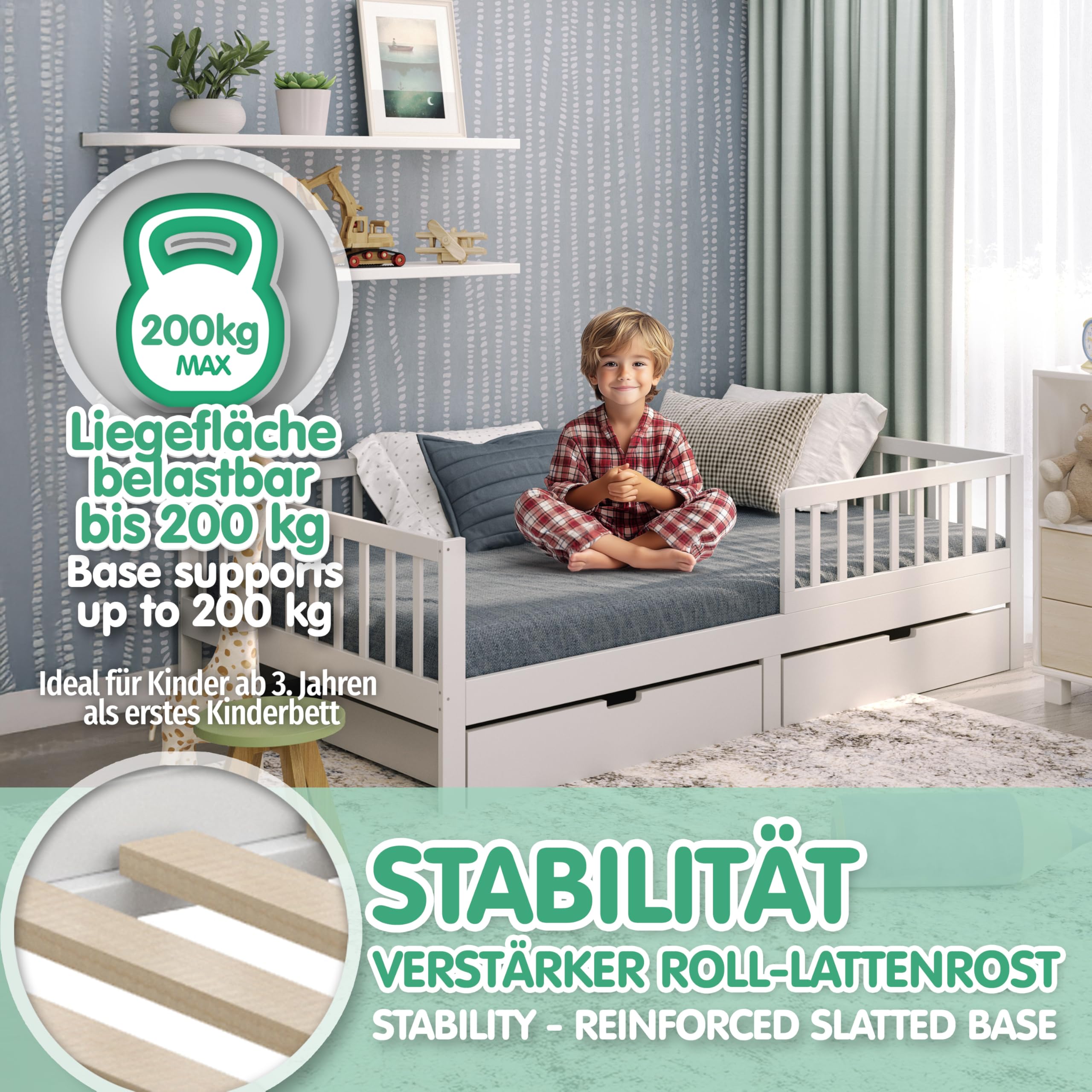 CADANI Nik Kinderbett 120x200 cm – Juniorbett & Jugendbett mit abnehmbarem Rausfallschutz, bis 200 kg belastbar, extra stabiles Einzelbett inkl. Roll-Lattenrost | bis 200 kg belastbar