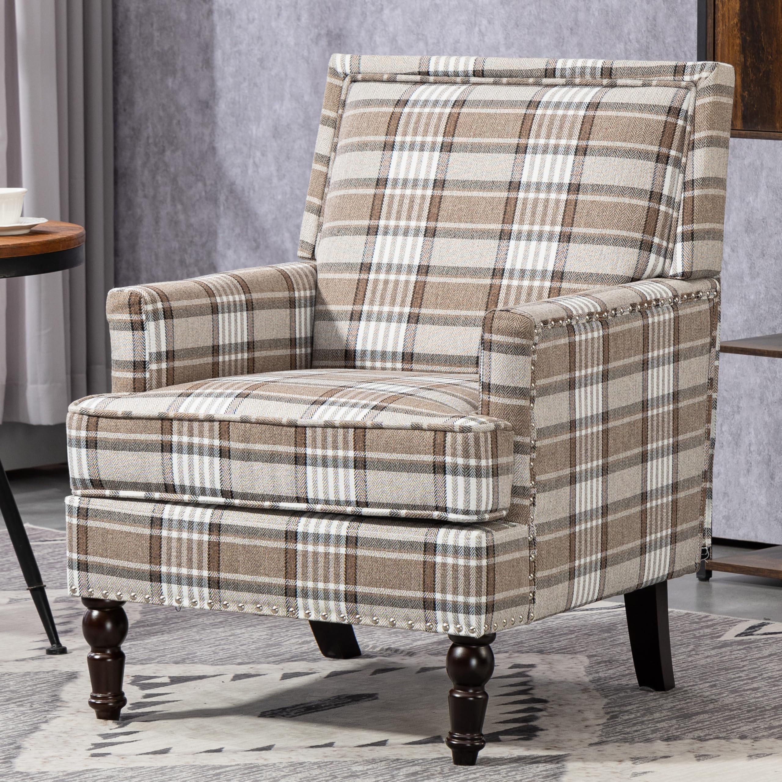 WakeZero Accent Chair, Plaid Modern Comfy Mid-Century Accent Chairs Upholstered Lounge Arm Chair with Solid Wood Frame for Living Room/Bedroom-Brown