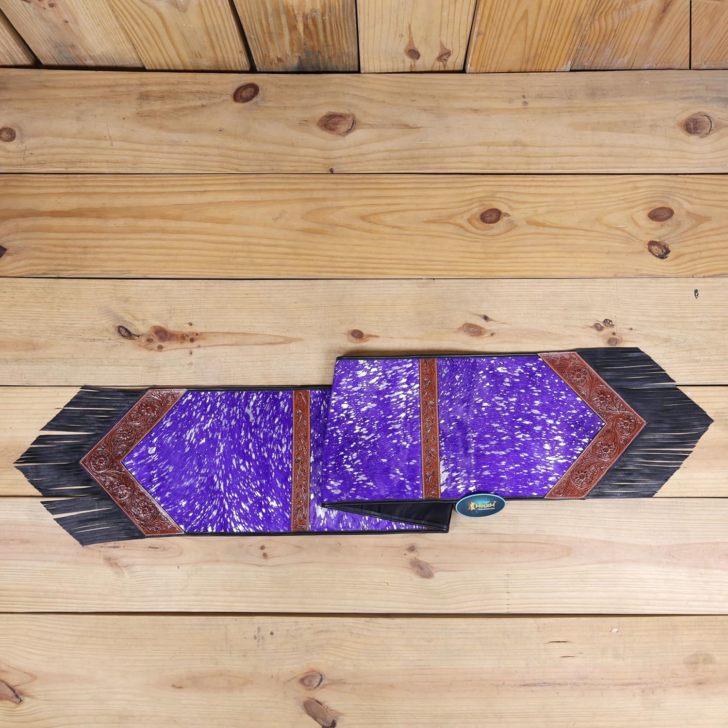 Purple Acid Wash Leather Table Runner – Square-Cut Design with Tooled V-Edge Corners, Fringe & Bowl Divider Strap – 72" x 12" – Handcrafted by MOUSM