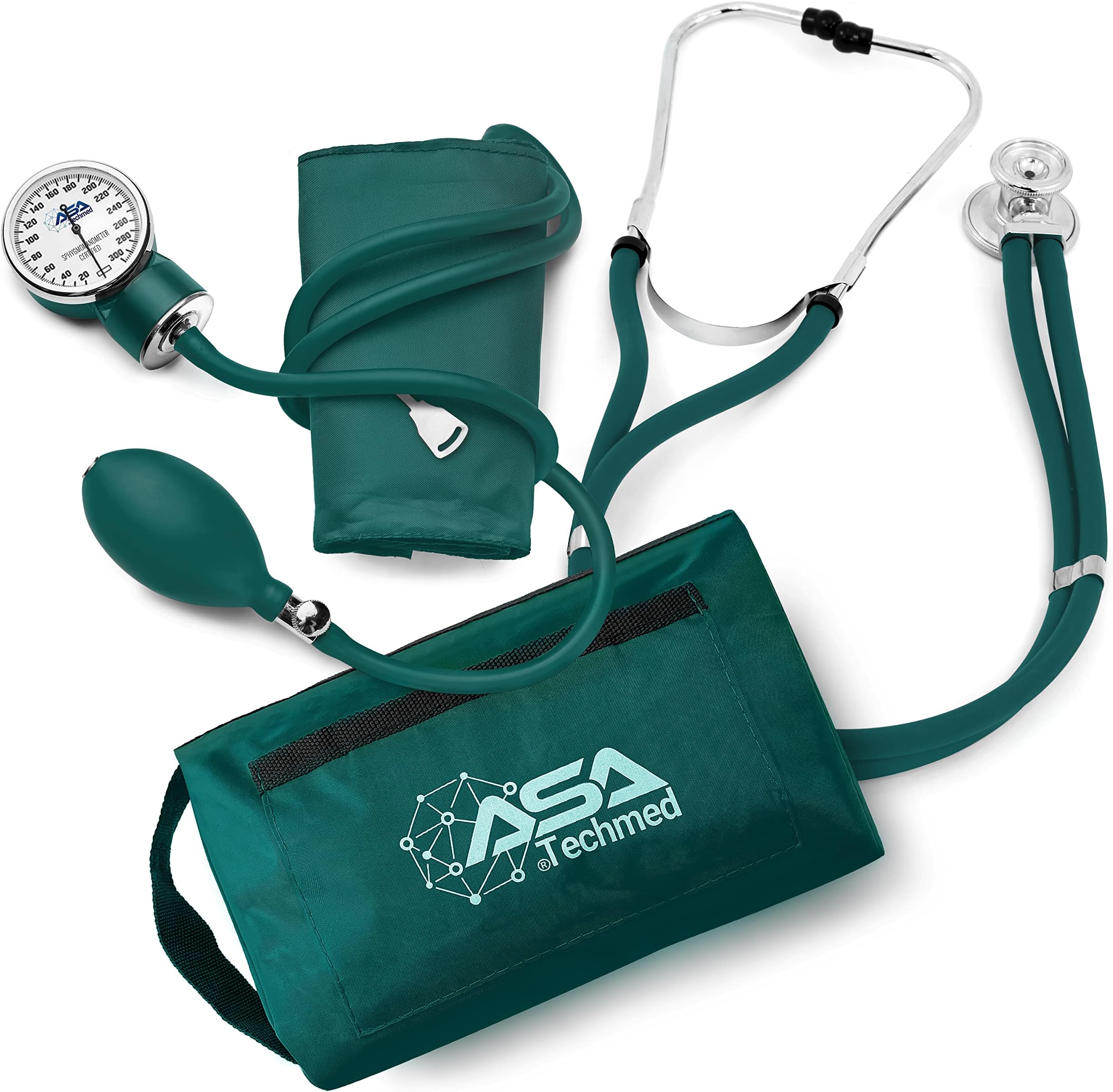 ASA TECHMED Dual Head Sprague Stethoscope and Sphygmomanometer Manual Blood Pressure Cuff Set with Case, Gift for Medical Students, Doctors, Nurses, EMT and Paramedics, Hunter Green