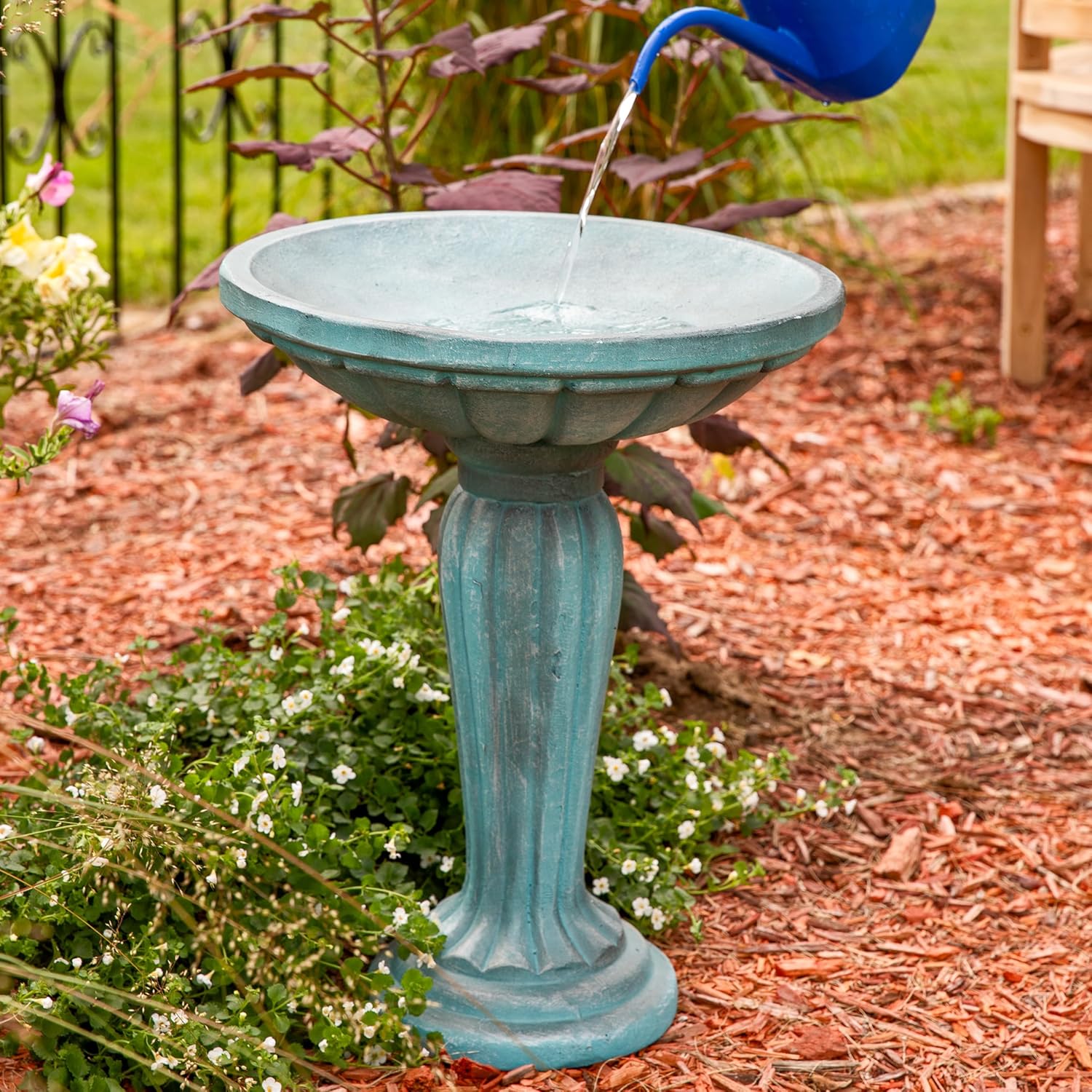 Sunnydaze 20.25” H Concrete Bird Bath for Outdoors - Grecian Column Pedestal Bird Bath with Glass Fiber Reinforced Concrete Construction - Patina Green