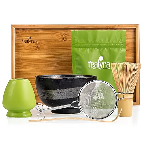 Tealyra - Kit Matcha - Juego de inicio de ceremonia de conocedores - Polvo de té Matcha premium - Tazón negro de fabricación japonesa - Cuchara y