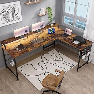 Pamray 64 Inch L Shaped Gaming Desk with Power Outlets and Led Lights, L...