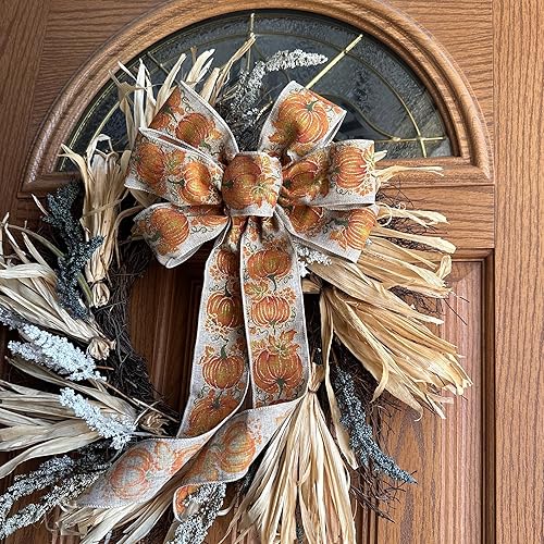 Miniatura 84 de Lazo de corona de cinta de arpillera natural, 10 pulgadas de ancho, colas largas de 18 pulgadas, granja, Pascua, otoño, invierno, Acción de Gracias