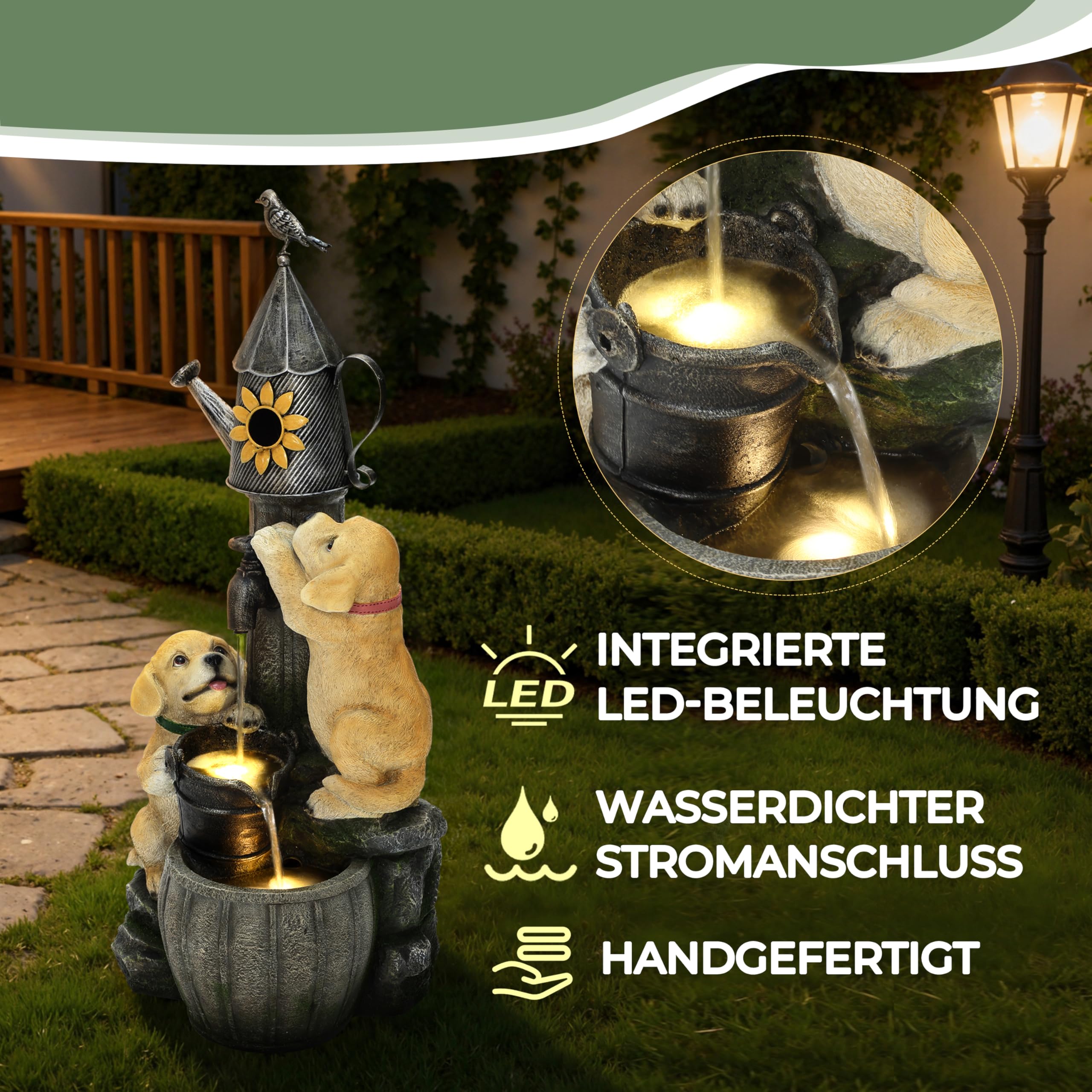 90cm Polyresin-Gartenbrunnen mit LED Light Zwei Hündchen und Vogelhäuschen Innen- und Außenbrunnen springbrunnen für Garten, Balkon, Terrasse, Eingang 90x38x34 cm