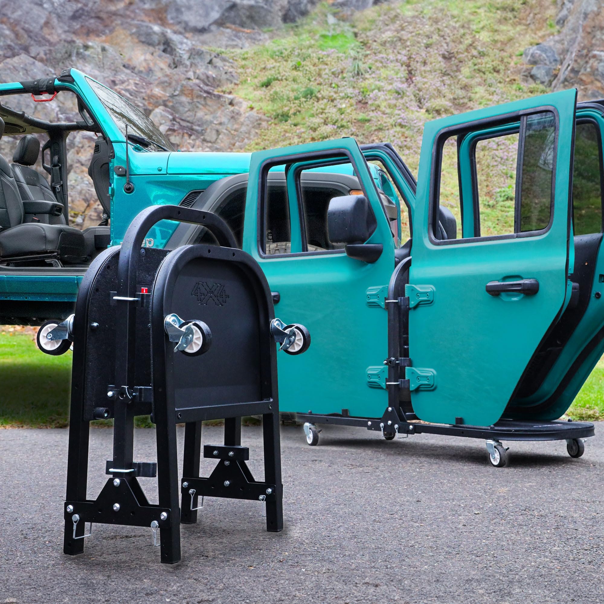 EZ4X4 Aluminum Black 4 Door Folding Rolling Door Cart, Storage Door Rack Holder Stand fits Jeep® Wrangler JL JLU JK JKU TJ YJ and Gladiator JT Patented