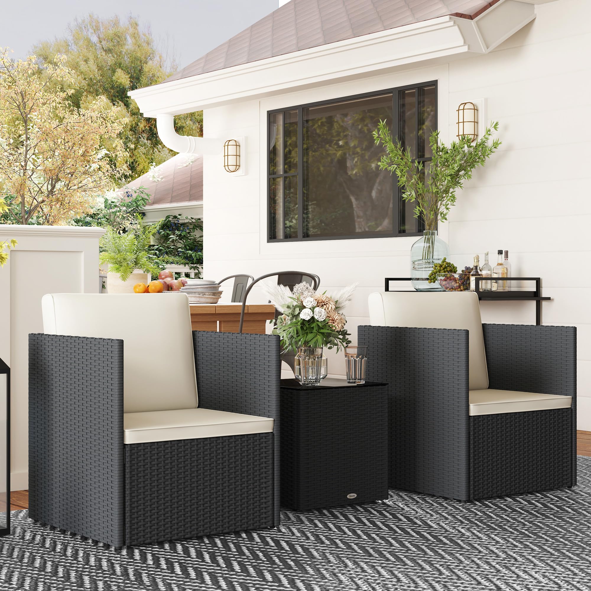 Juego de muebles de patio de 3 piezas, juego de bistró plegable de mimbre para exteriores con cojines lavables, patas ajustables y mesa de centro de cristal, fácil montaje para jardín, balcón 8