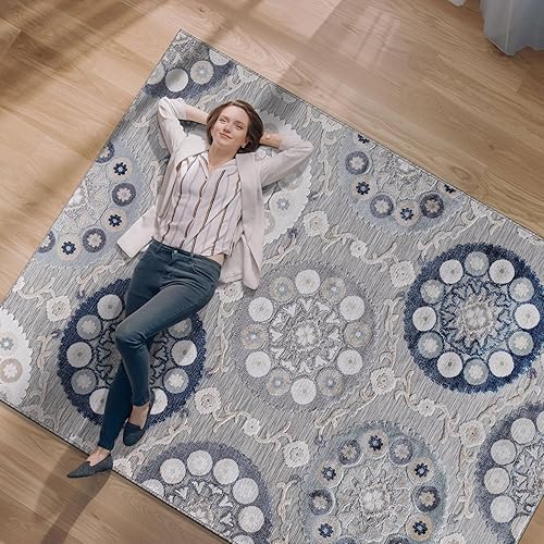 Miniatura 3 de CAMILSON Alfombra para interiores y exteriores, alfombra de 9 x 12 pulgadas, diseño de medallón floral, para interiores y exteriores, fácil