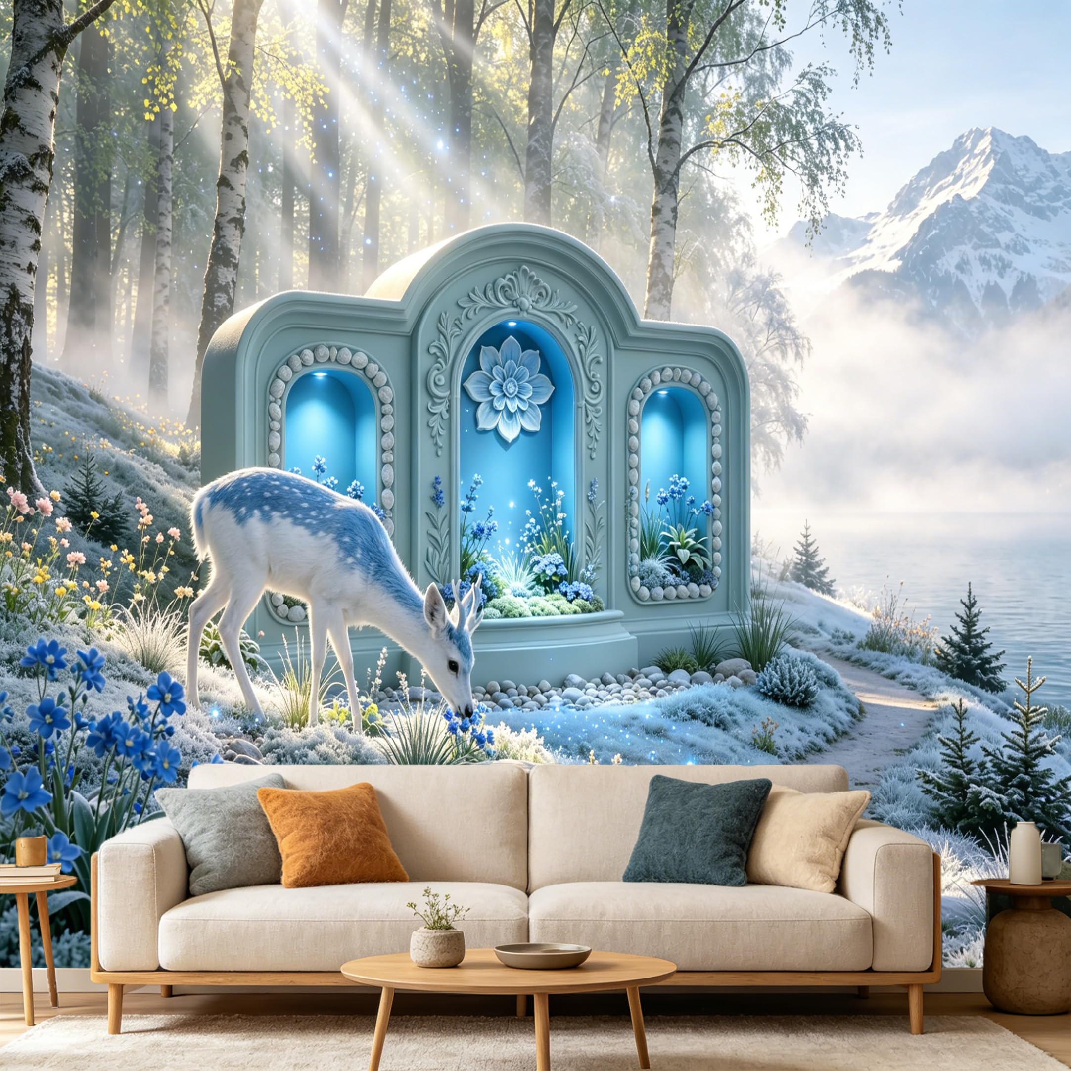 Custom Size Wall Mural， Fantasy Snowy Forest Deer Lake， 3D Trompe L'Oeil Landscape， SelfAdhesive Art Prints wall Fabric Removable Large Wallpaper Home Living Room Decor