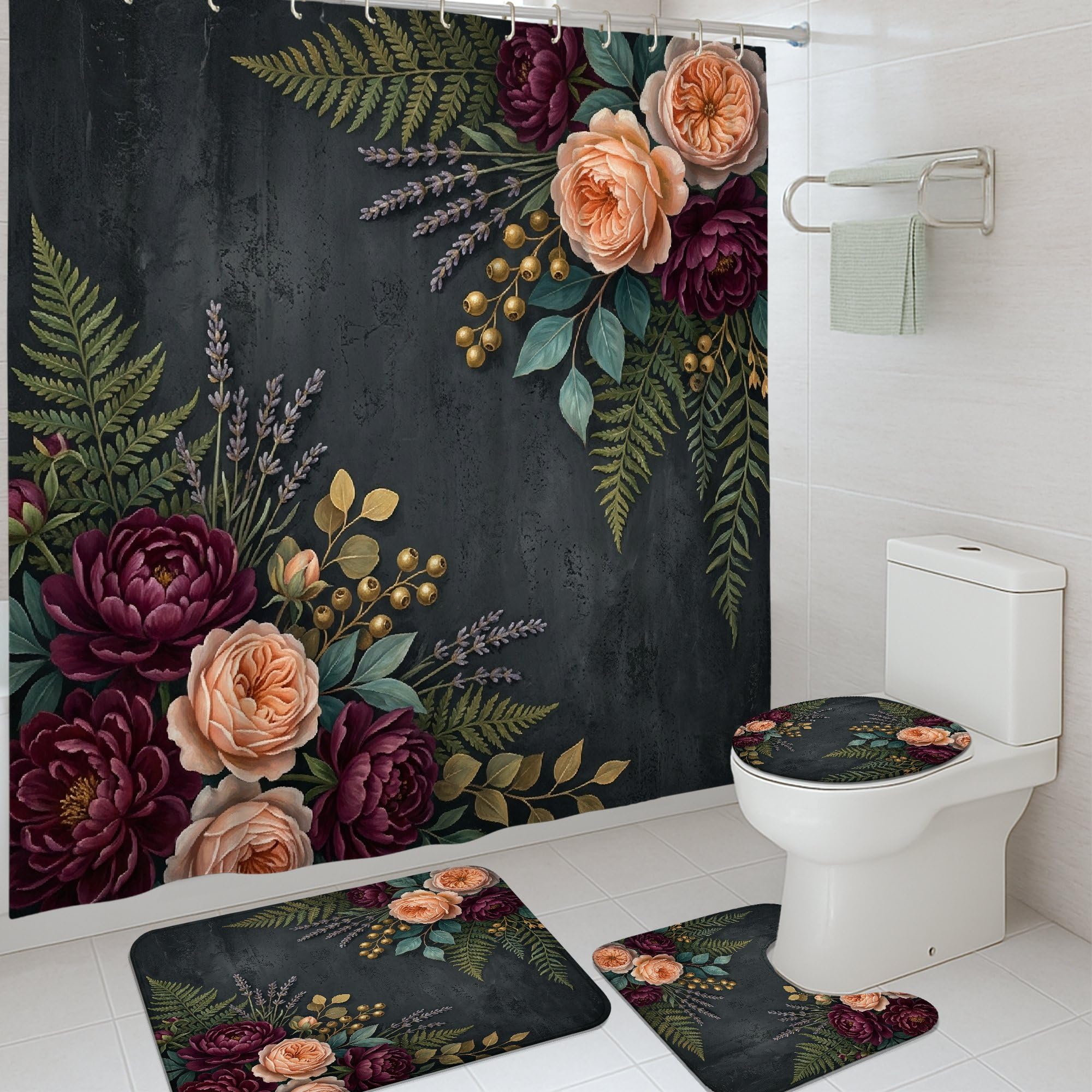 Kit rideau de douche anti-moisissure et tapis absorbant motif floral rétro