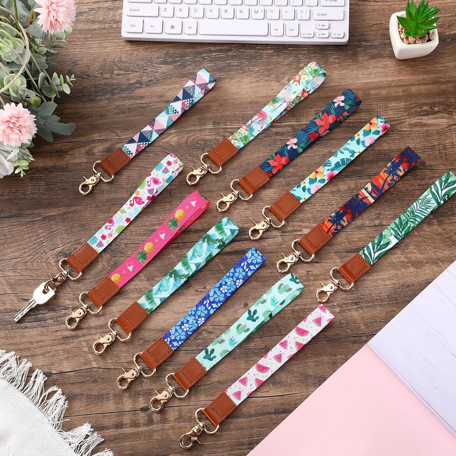 Quelay 12 Pcs Cute Wrist Lanyard Key Chain Hawaii Style Wristband Strap Keychain Holder Polyester for Women Man Car Keys ID Badges Card Wallet Phone Camera - Image 3