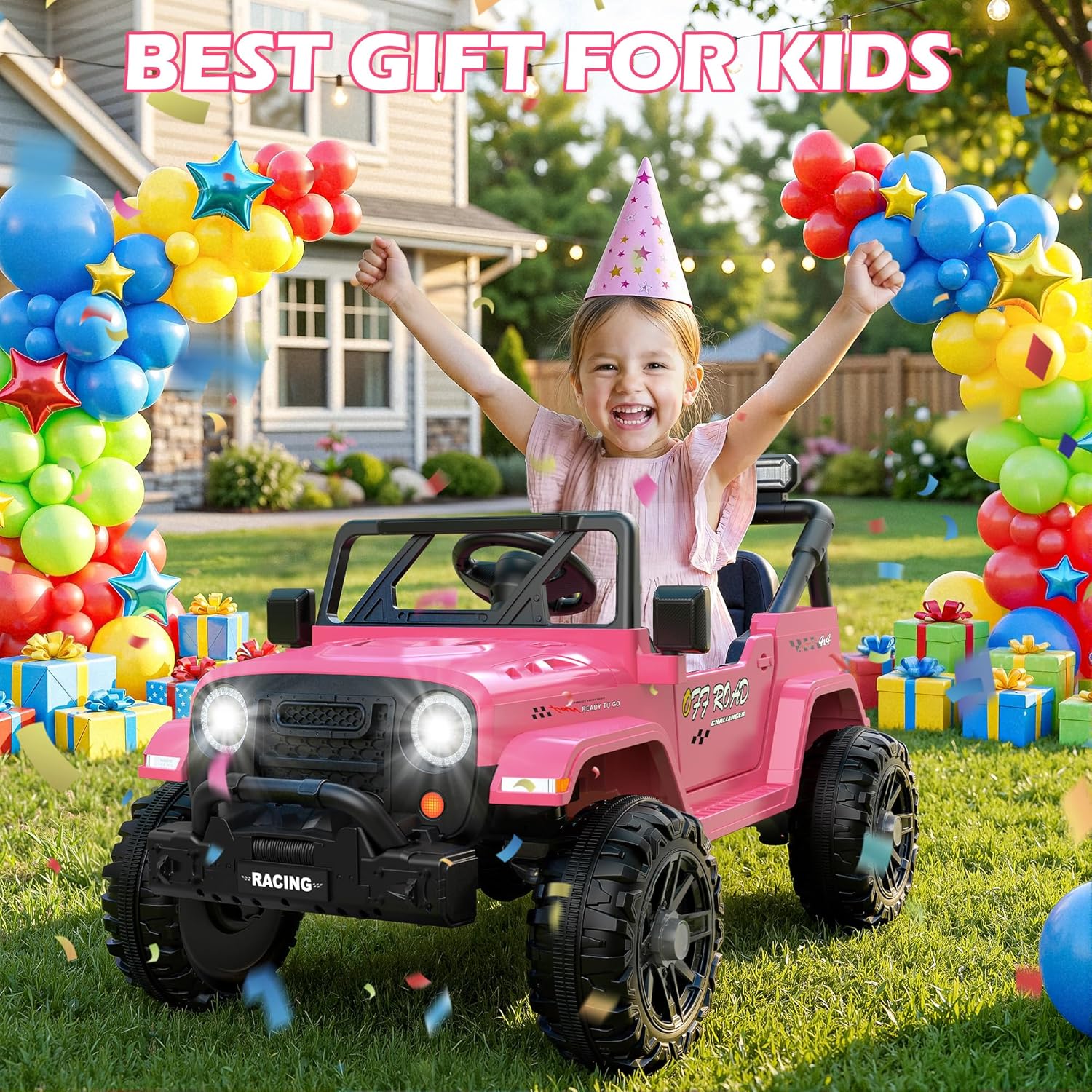 ARBELI 12V Ride On Truck Car with Remote Control, Kids Electric Vehicles with Bluetooth Music, Horn, 3 Speeds, 4 LED Lights, Soft Start, Ride on Toys for Toddler Boys & Girls (Pink)