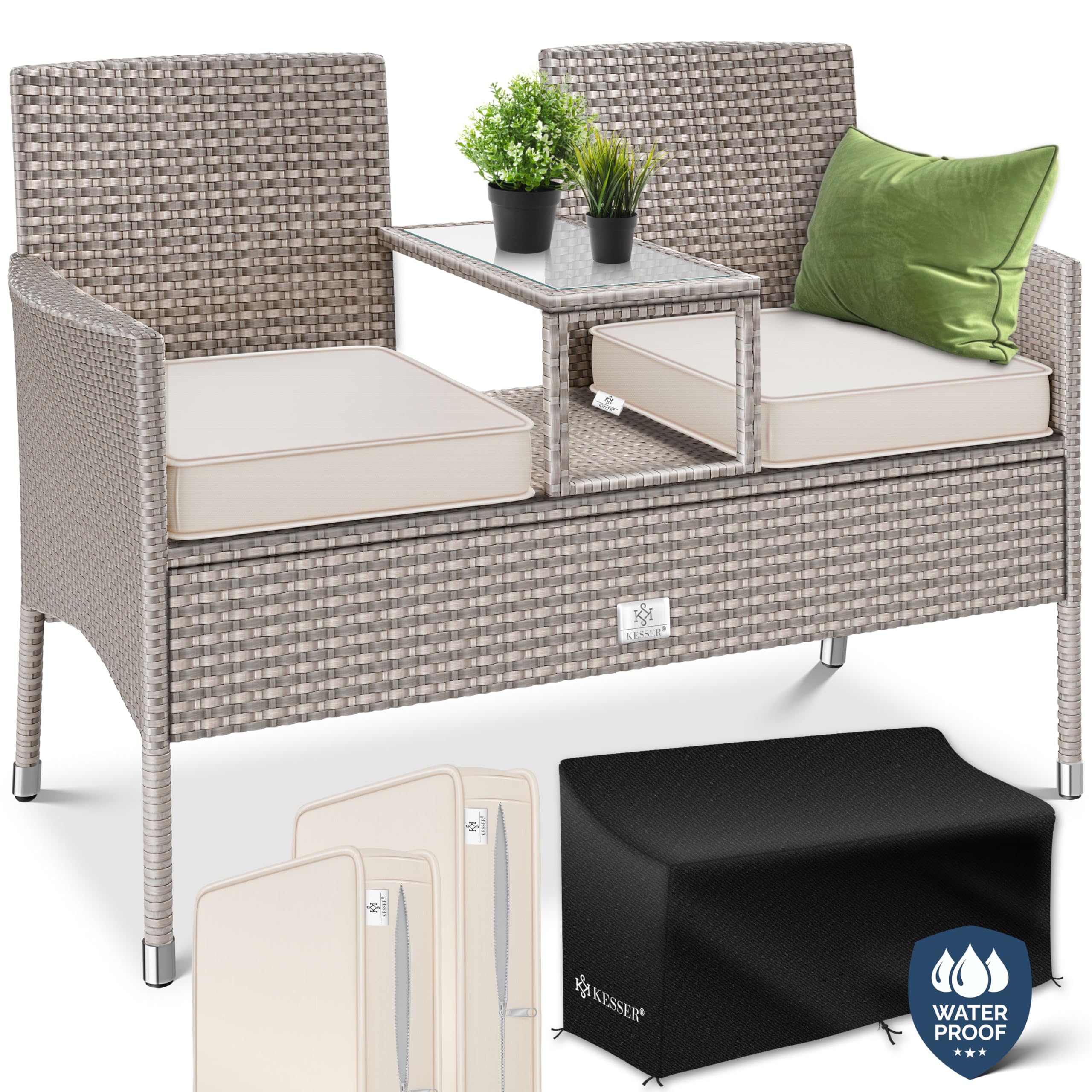 KESSER® Banco de jardín de poliratán de 2 plazas, con Mesa y Cojines Integrados - 133 x 63 x 84 cm - Banco de ratán Sofá de jardín Juego de Asientos Resistente a la Intemperie, Gris