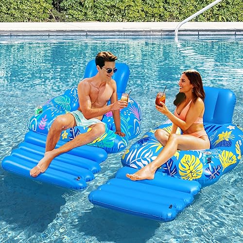 Miniatura 7 de JOSEN Inflatable Pool Lounger Float, Heavy Duty Pool Floats for Adults with Innovative Footrest&Cup Holders, Pool Chair for Swimming Pool, River,
