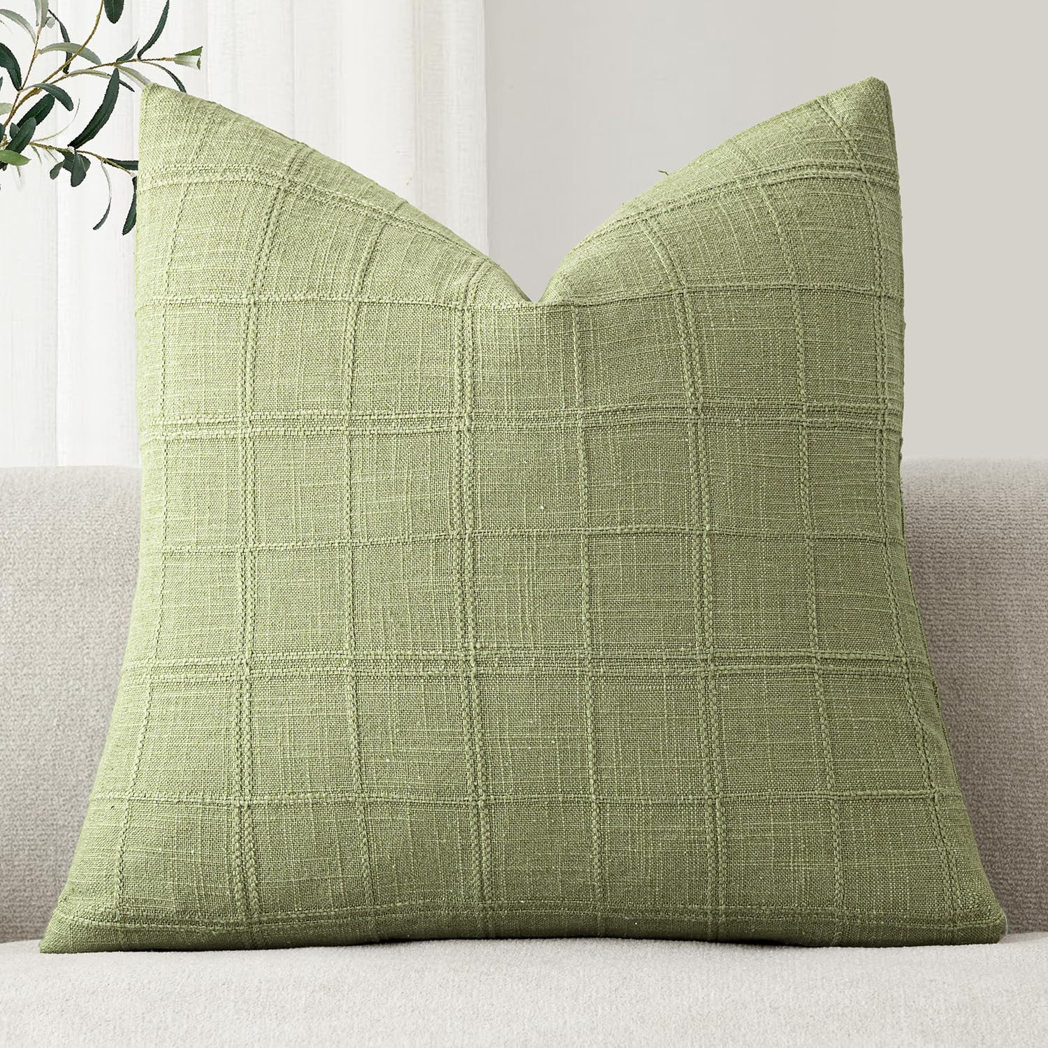 Foindtower Set of 1 Decorative Linen Check Throw Pillow Cover Neutral Farmhouse Vintage Cushion Cover Modern Boho Accent Home Decor for Sofa Chair Couch Bedroom Living Room,20×20 Inch,Light Green