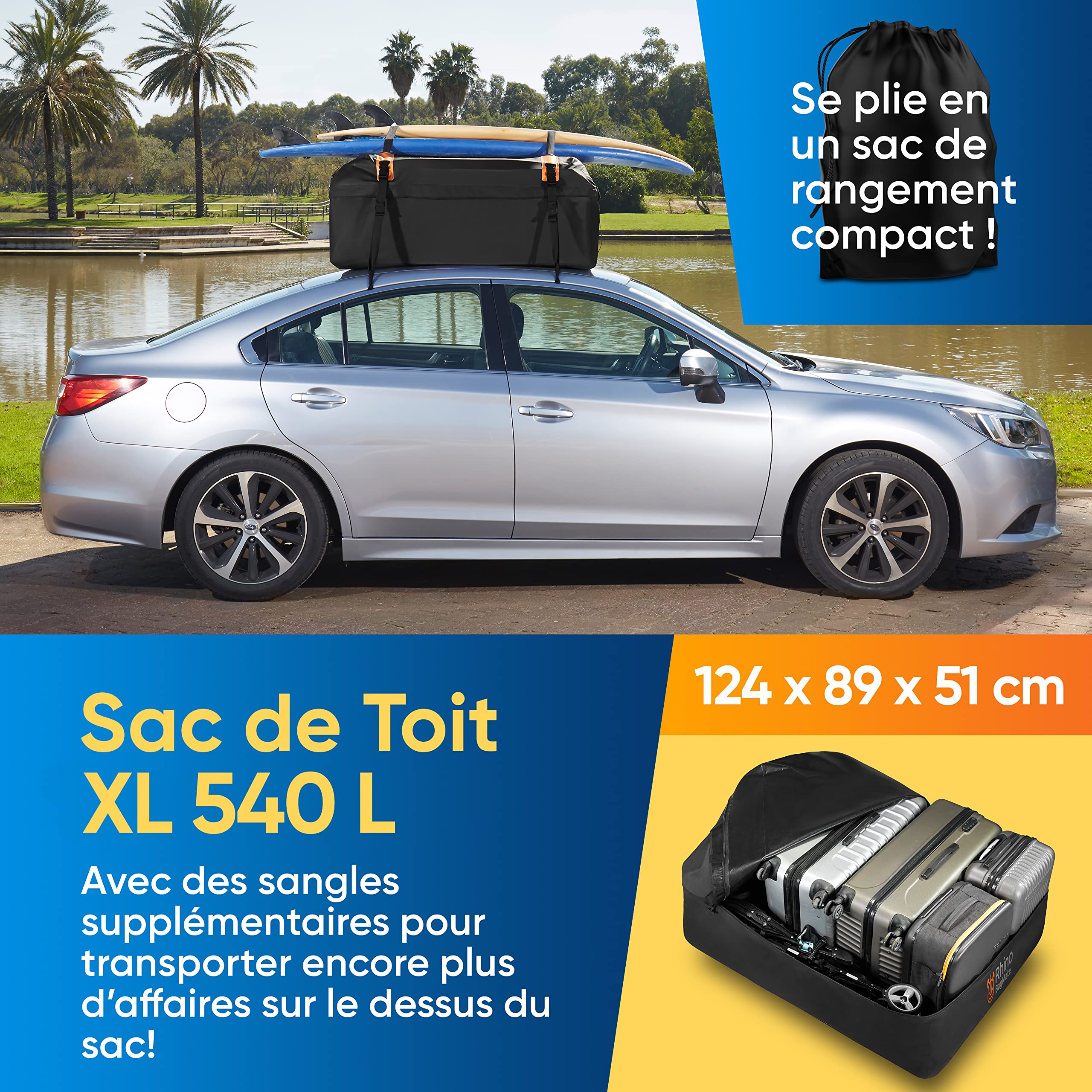 Sac de Toit Voiture 540L (19 CU.Ft) – Coffre Souple Haute Densité 100% Imperméable – Montage Rapide sans Barre de Toit – Tapis de Protection Inclus