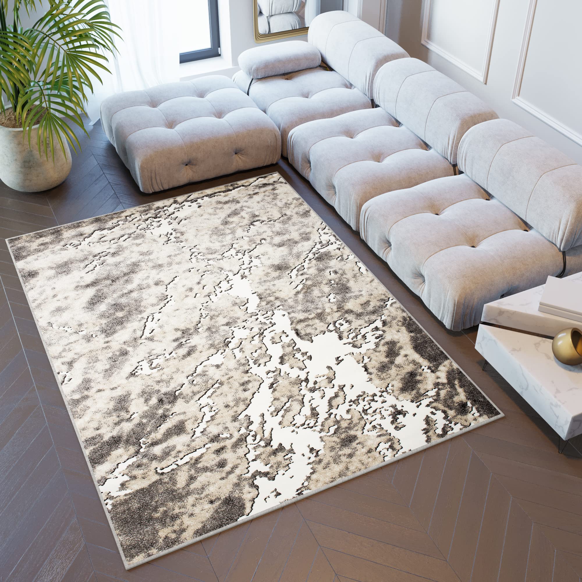 TAPISO Breeze dywan z krótkim włosiem, nowoczesny, kremowy, brązowy, beżowy, efekt 3D, melanż, do salonu, sypialni, 140 x 190 cm